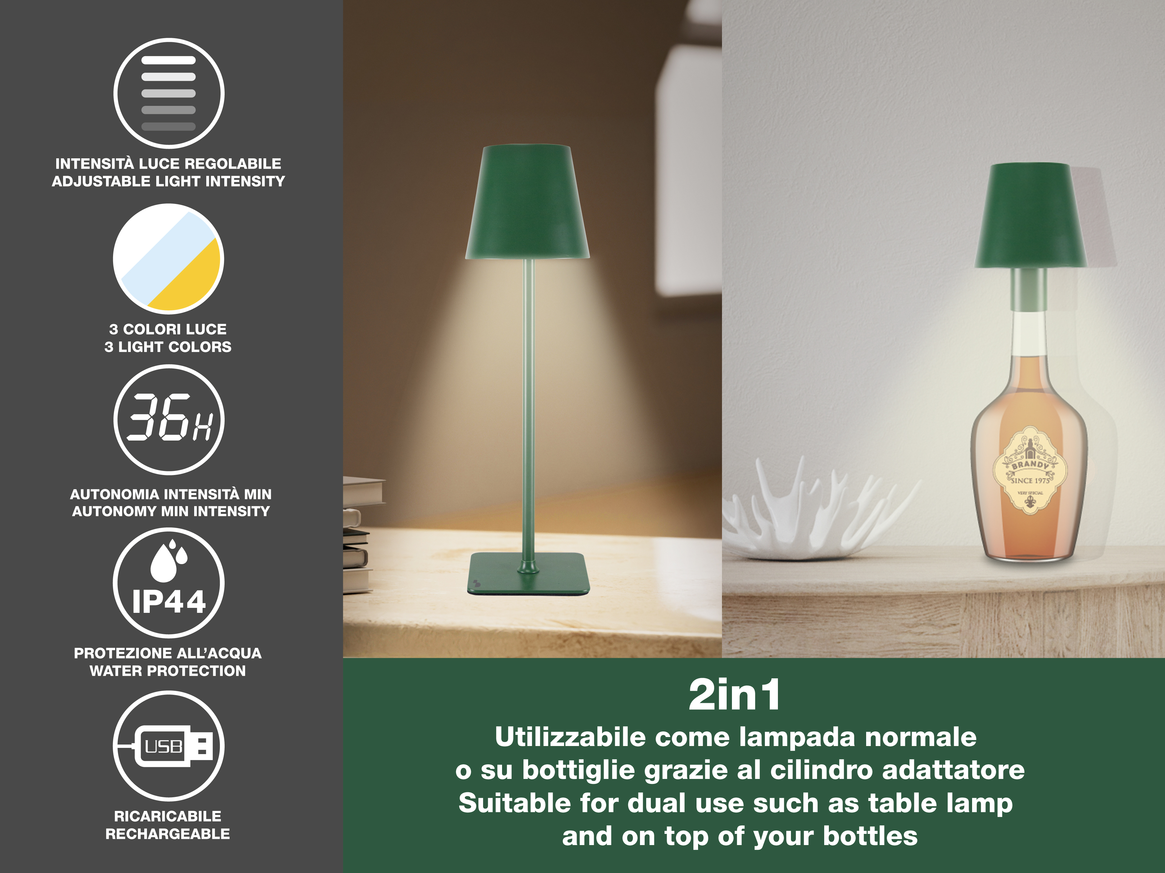 Una lampada verde con paralume verde è su un tavolo vicino a una bottiglia di brandy.