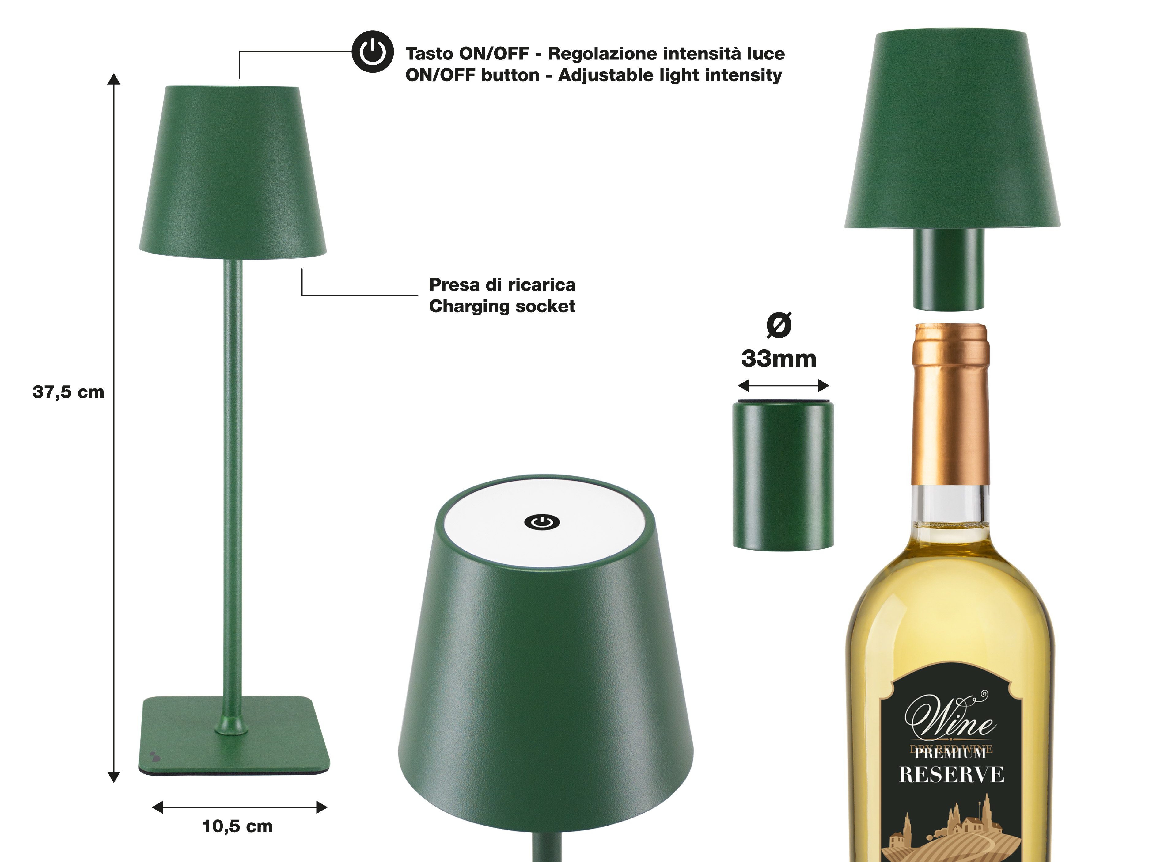 Lampada verde con bottiglia di vino. Parti della lampada mostrate. Etichette di testo: ON/OFF, presa di ricarica. Bottiglia ha 'Wine Premium Reserve'.