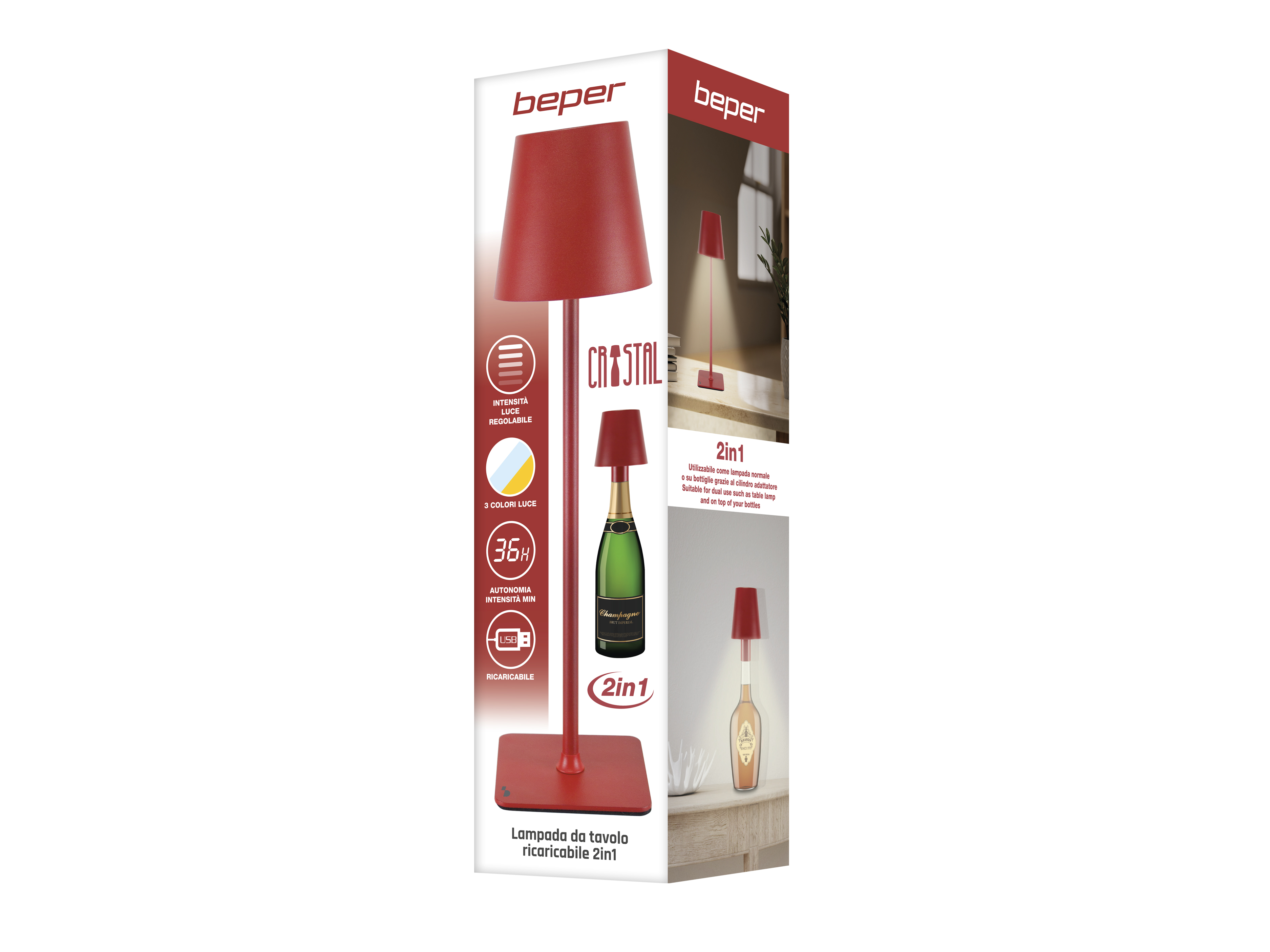 Una lampada da tavolo rossa con paralume. È accanto a una bottiglia di champagne verde. La scatola menziona '2in1'.
