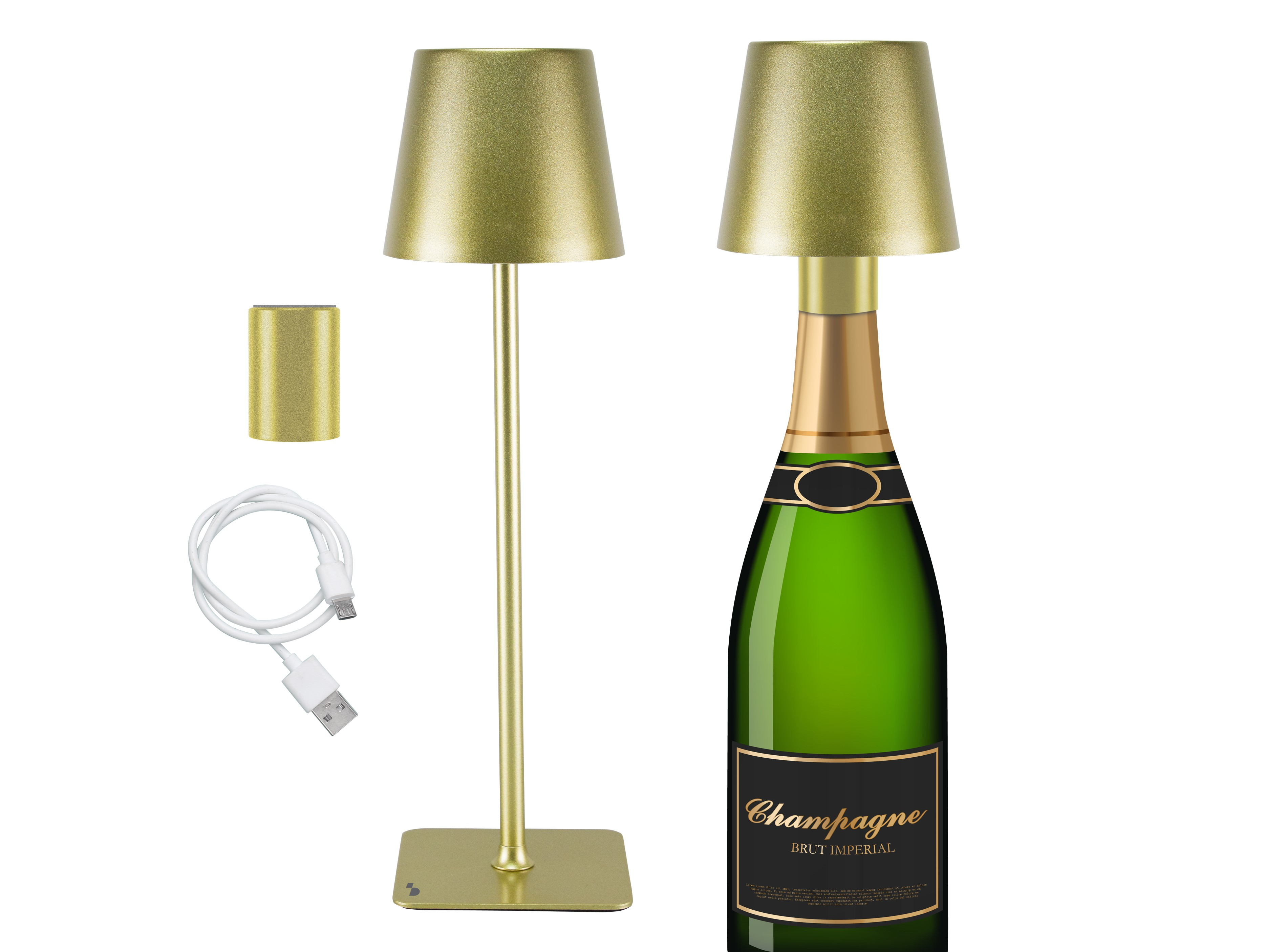 L'immagine mostra due lampade, una bottiglia di champagne, un cavo di ricarica e un cilindro dorato su sfondo bianco.