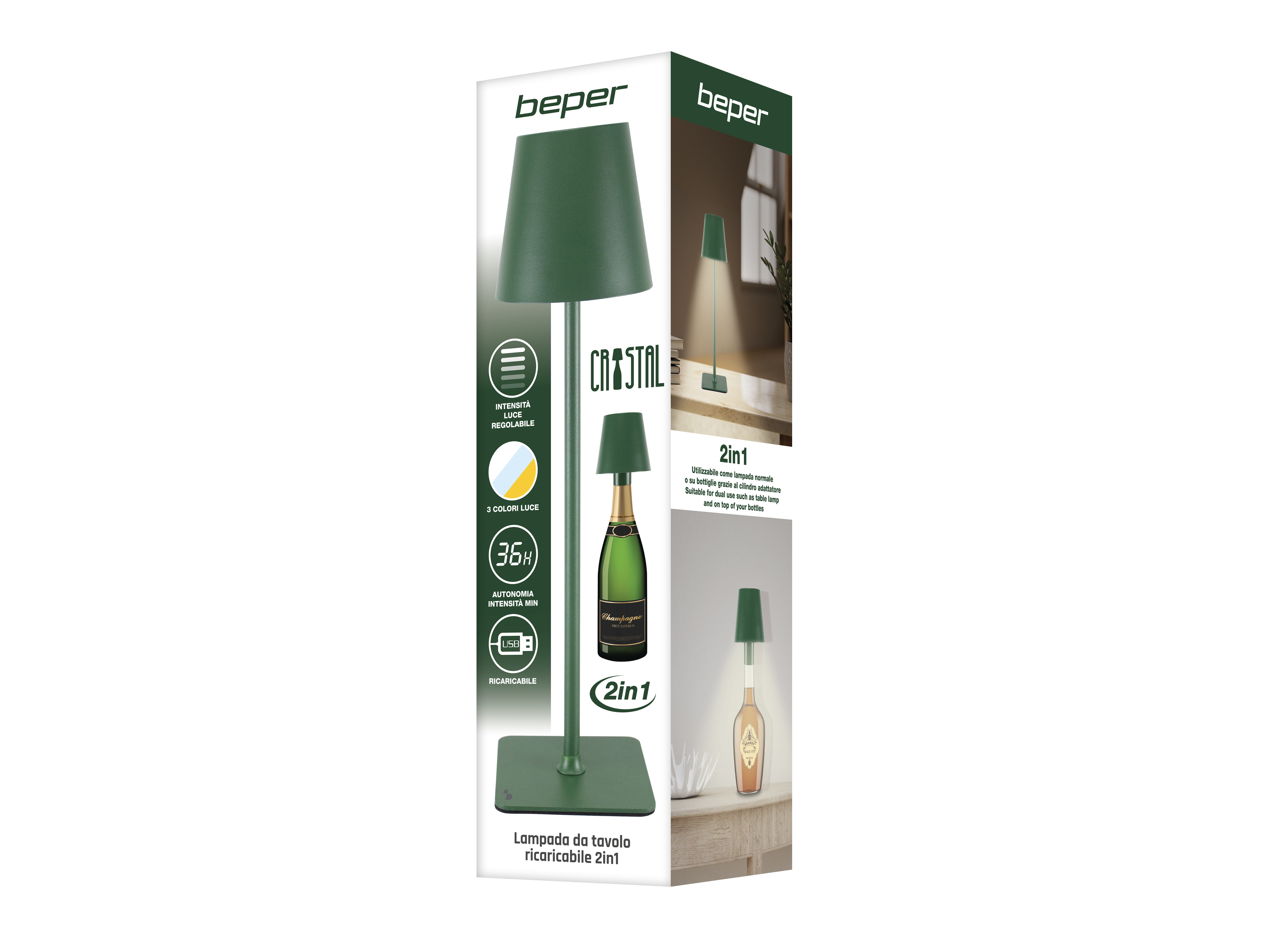 Una lampada da tavolo verde con paralume, bottiglia e testo su sfondo bianco.