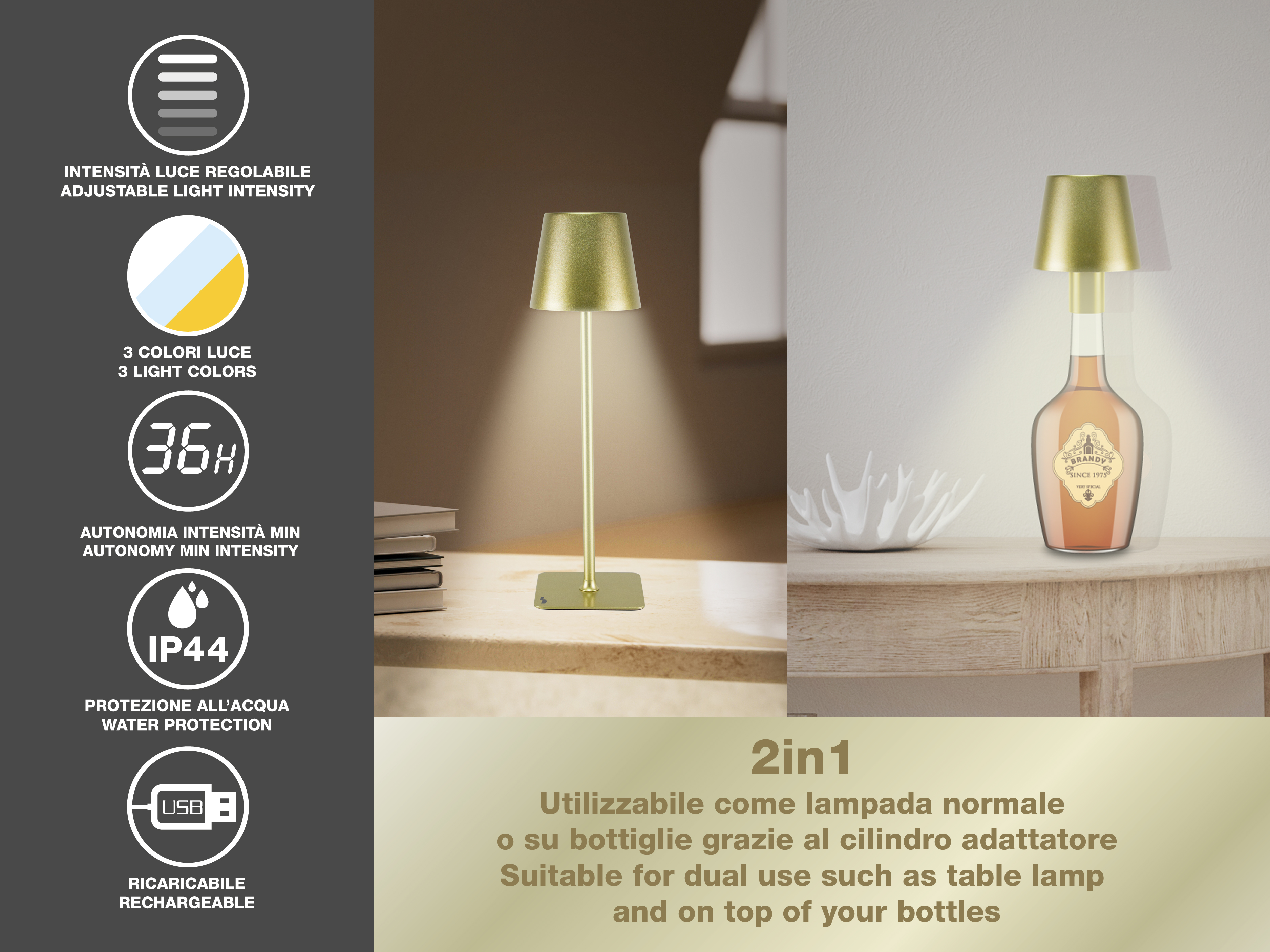 Una lampada dorata e una lampada a bottiglia. Caratteristiche: ricaricabile, luce regolabile e 3 colori di luce.