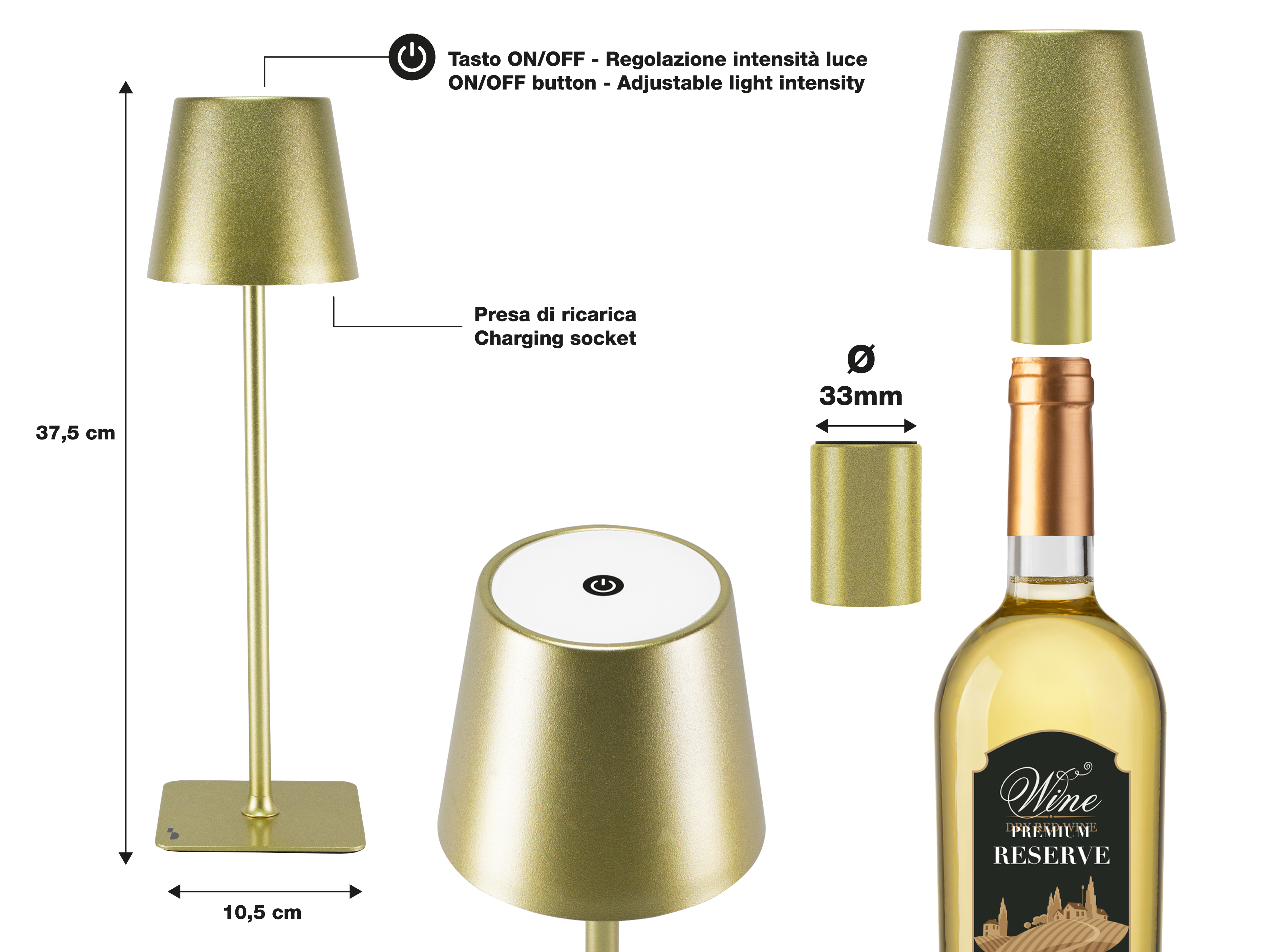 Lampada da tavolo dorata con bottiglia di vino sullo sfondo. La lampada è alta 37,5 cm e larga 10,5 cm.