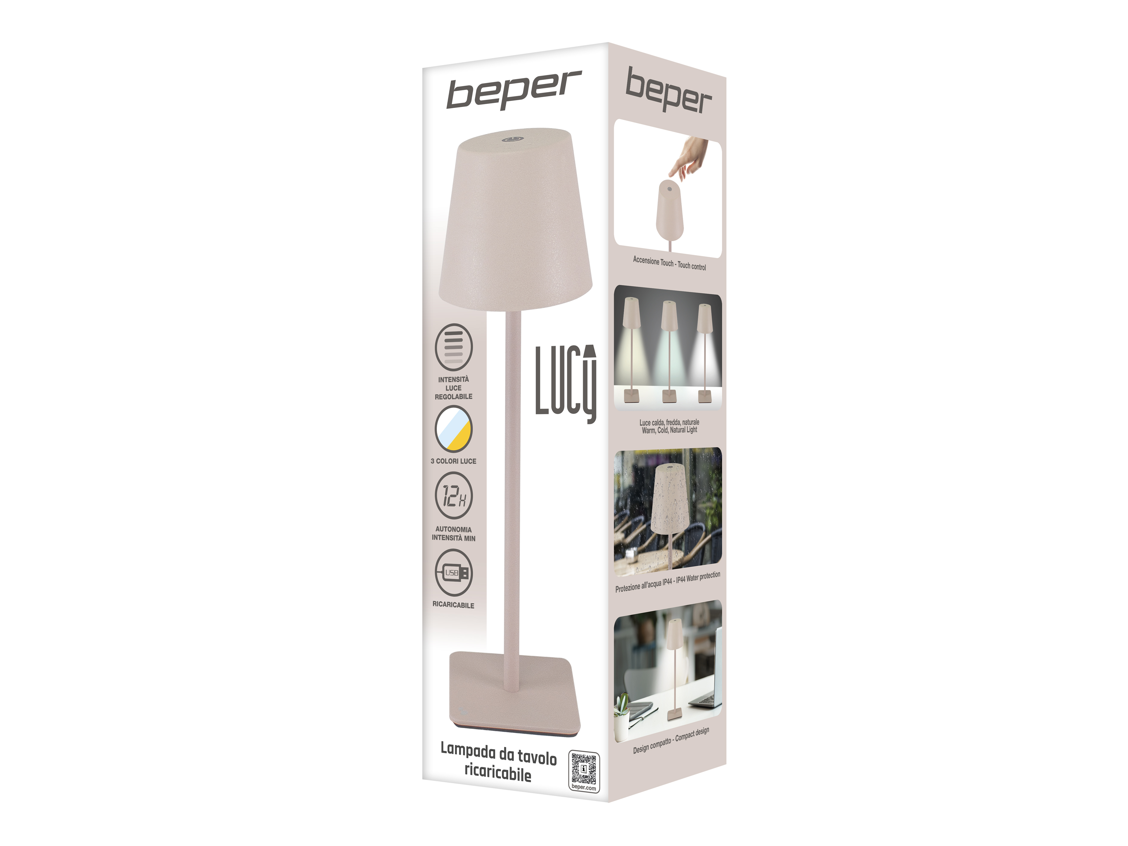 Una lampada da tavolo beige con controllo touch. La scatola mostra funzioni come luce regolabile e 3 colori.