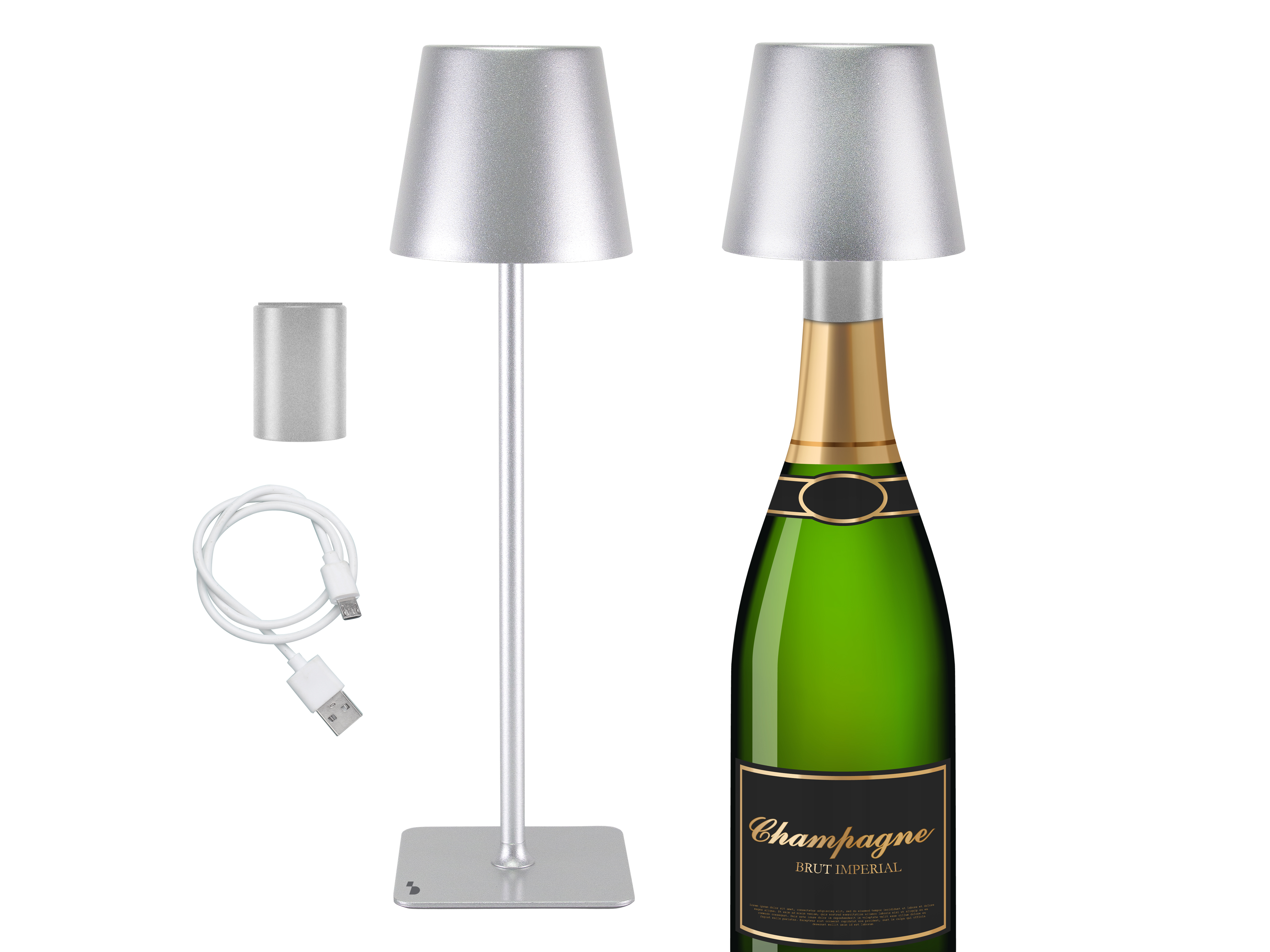L'immagine mostra una lampada argentata, una bottiglia di champagne, un cavo di ricarica e una batteria cilindrica.