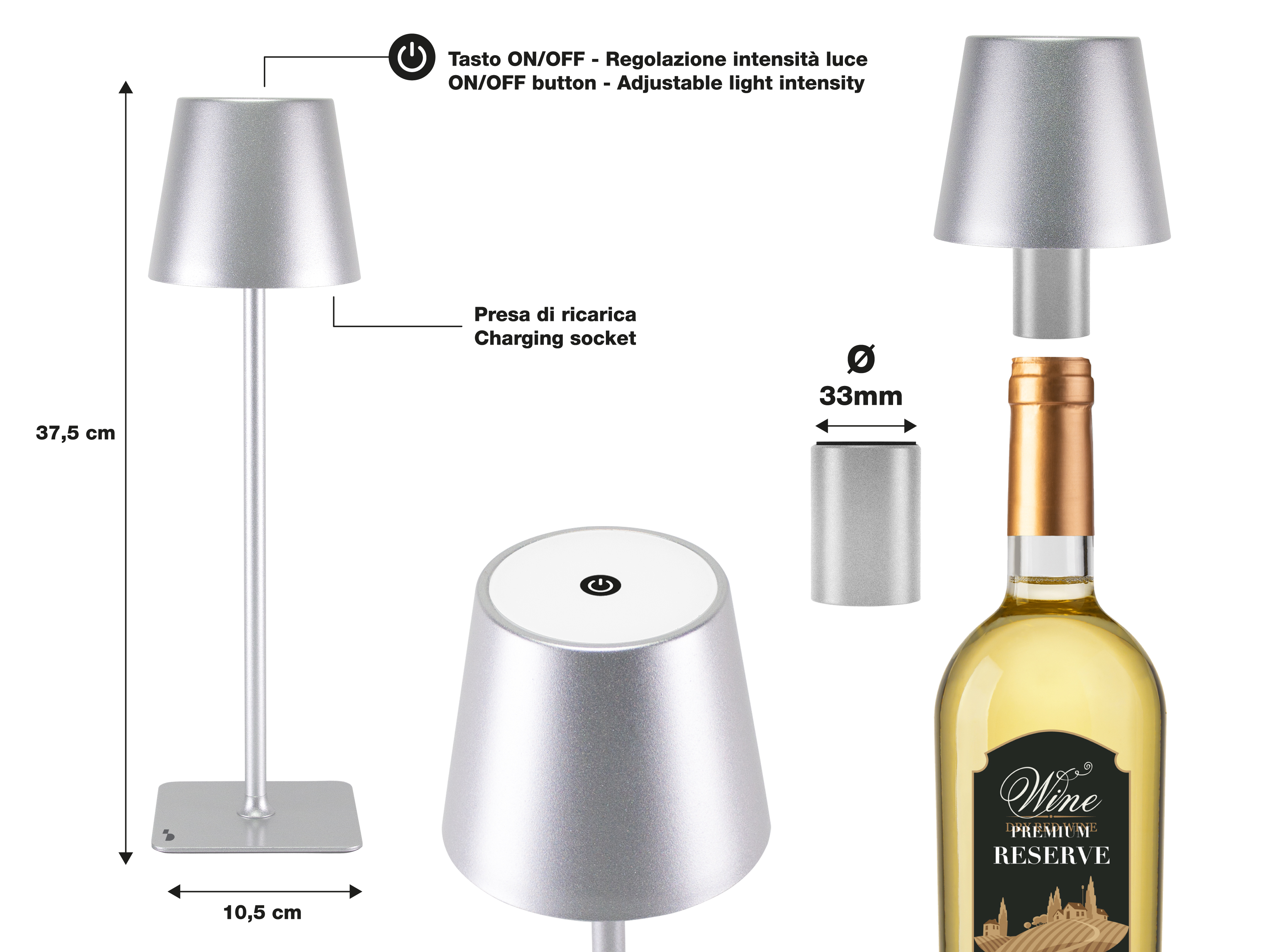Lampada argentata con bottiglia di vino. Dimensioni ed etichette fornite. Include presa di ricarica e pulsante on/off.