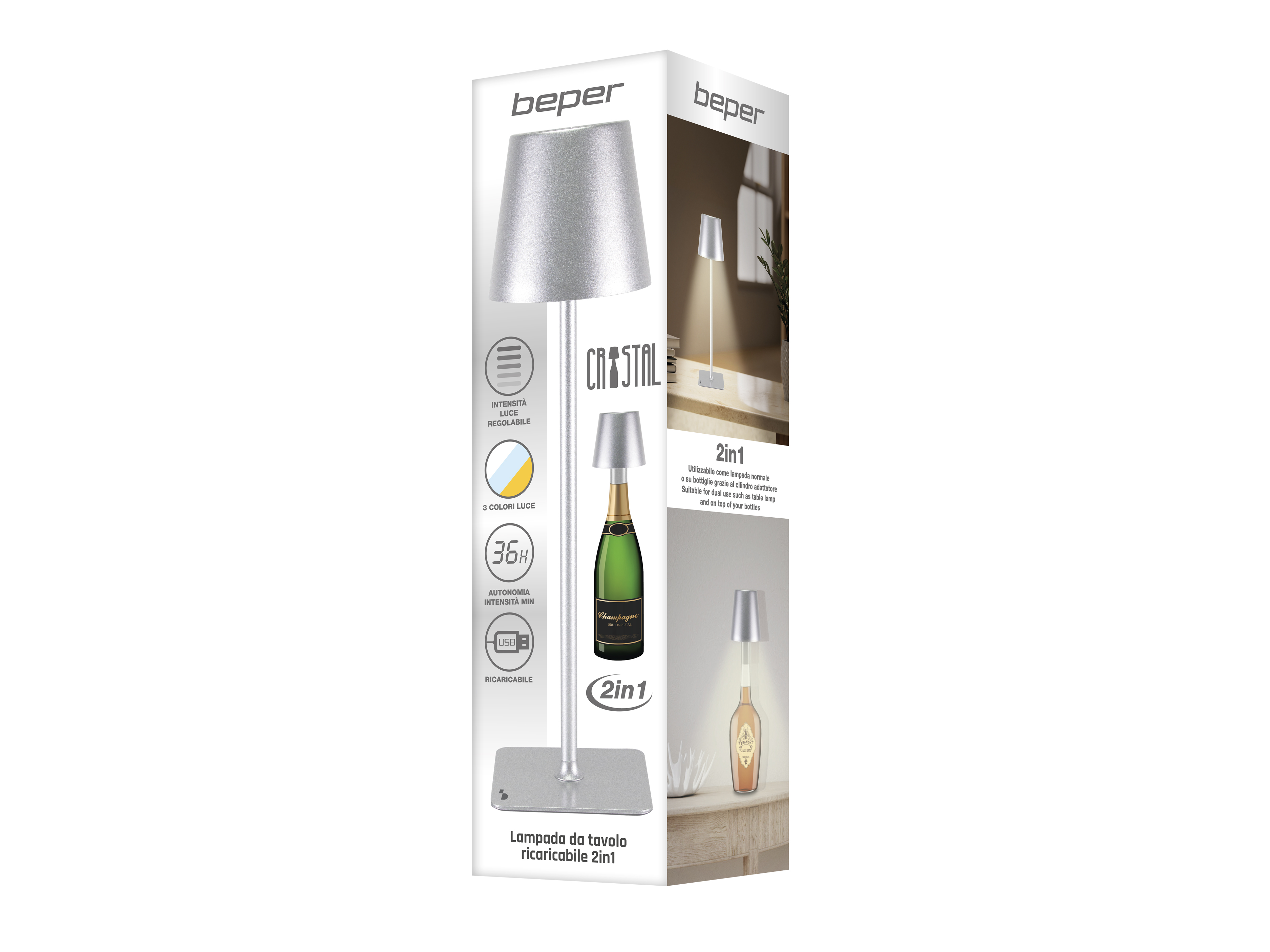 Una lampada da tavolo con paralume argentato, una bottiglia di champagne e dettagli del prodotto sulla scatola.
