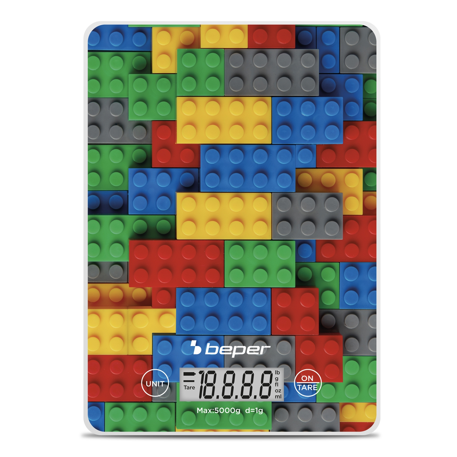 Bilancia da cucina con design a mattoncini Lego colorati. Il display digitale mostra '18.8.8'. Pulsanti per unità e tara. Logo Beper visibile.