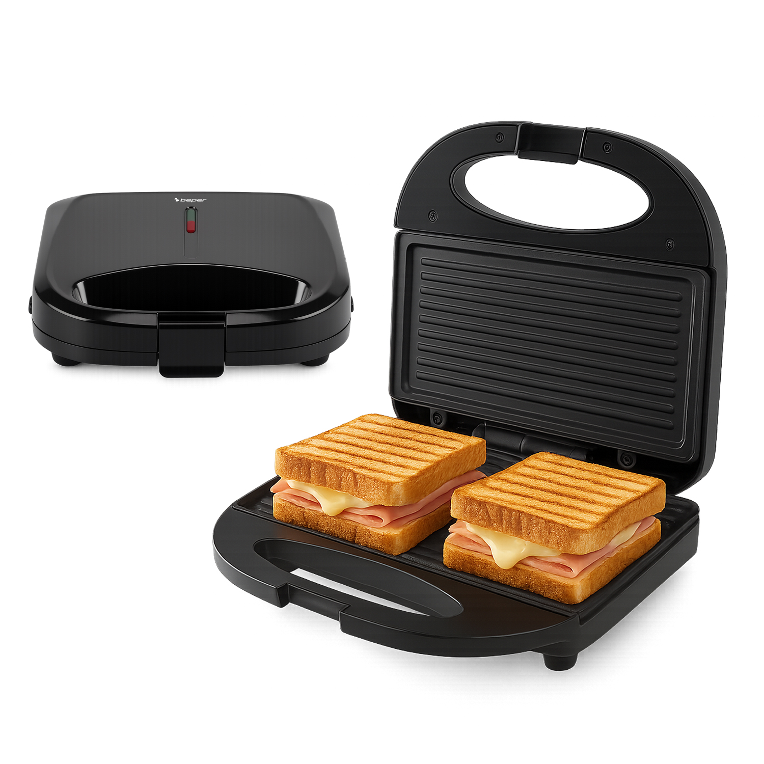 Sandwich maker nero con due panini all'interno. A sinistra un sandwich maker chiuso.