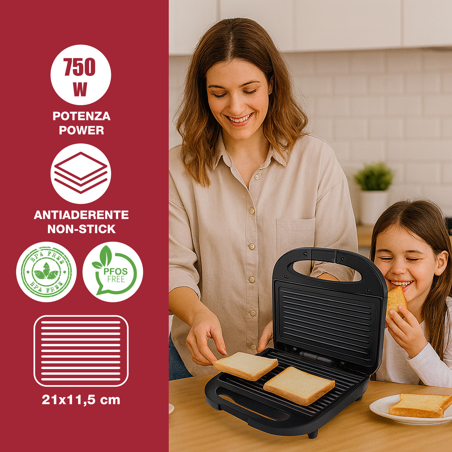 Una donna e una bambina fanno toast con una macchina per sandwich nera. La donna ci mette il pane e la bambina mangia il toast.
