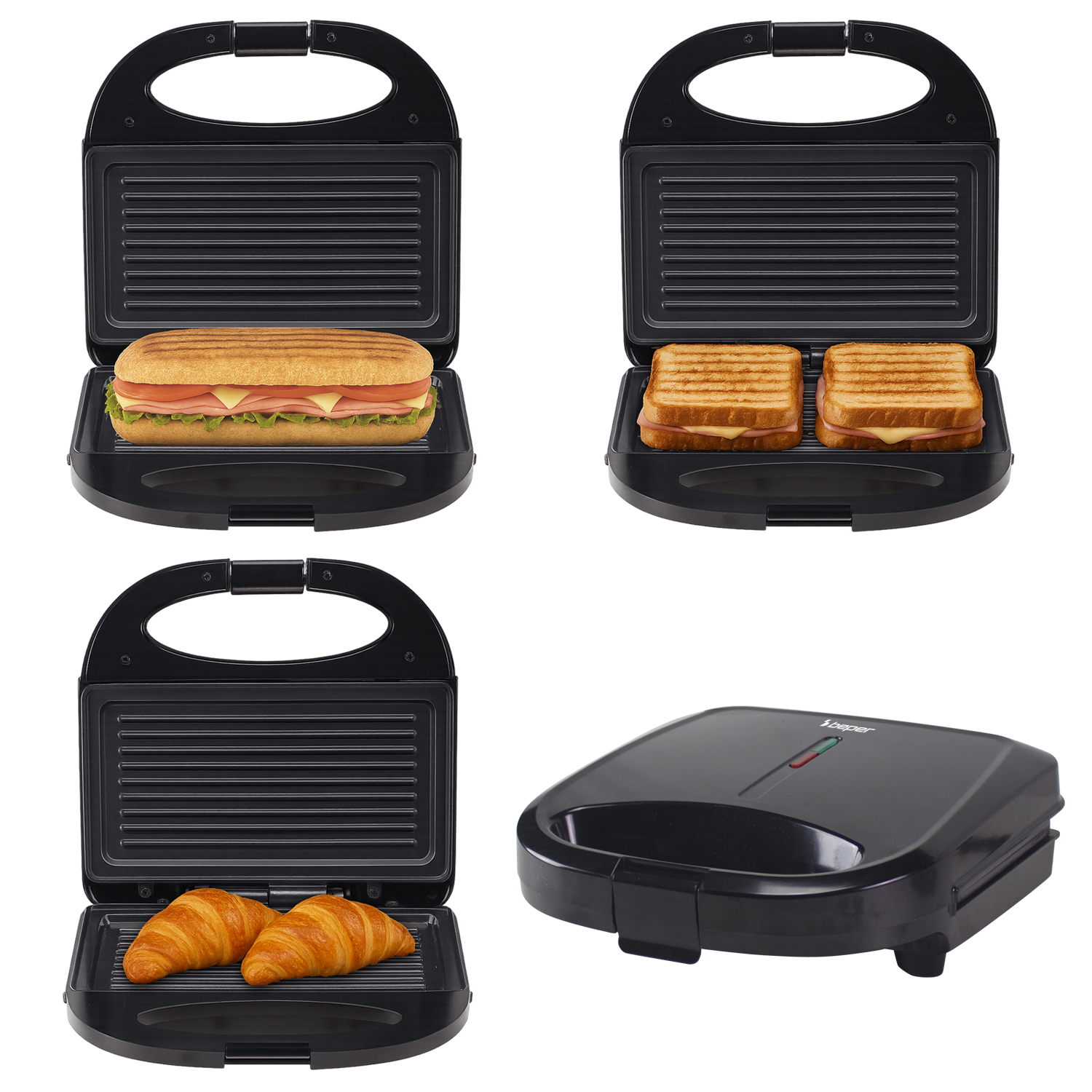 Macchina per sandwich nera con diversi ripieni: sandwich, toast e croissant. Macchina chiusa con spie laterali.
