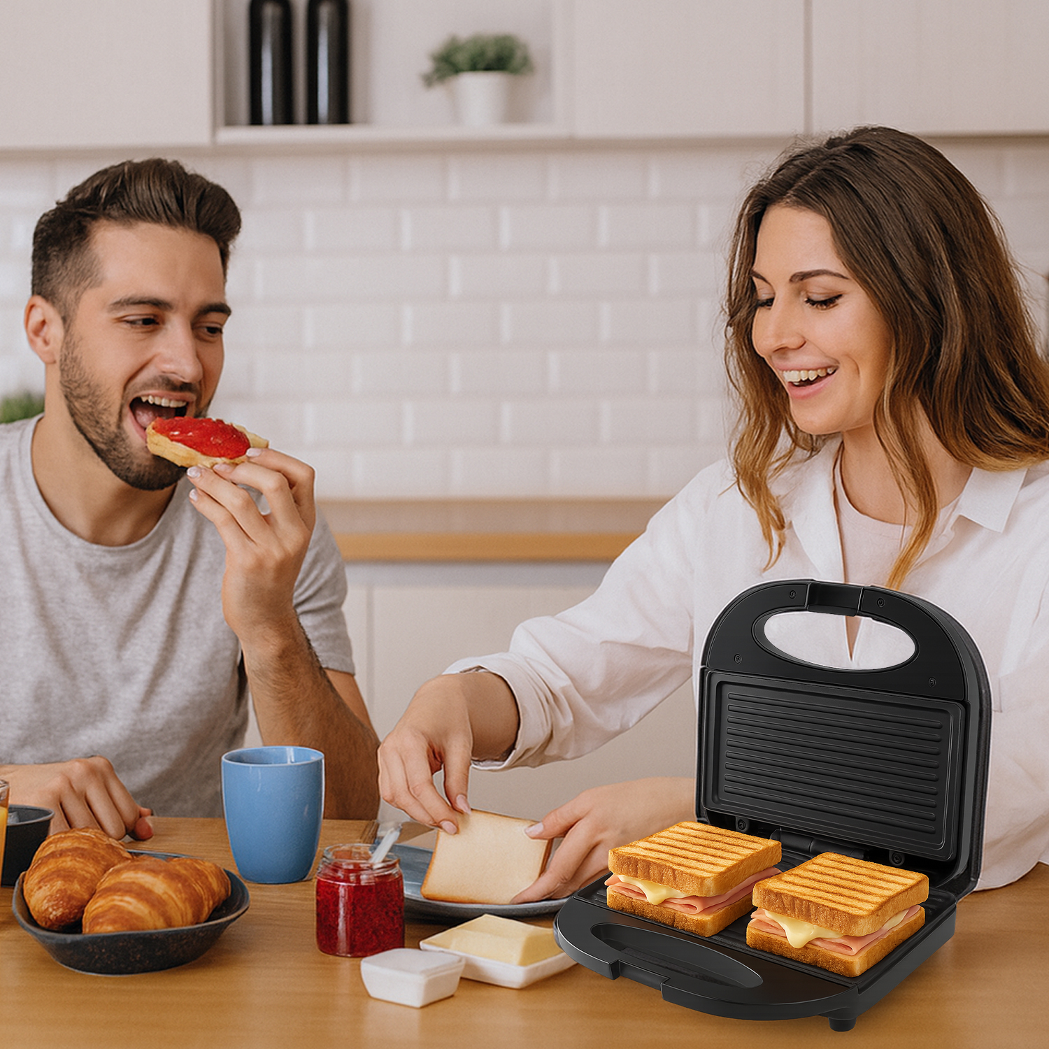 Una coppia prepara la colazione. Uno mangia un panino, l'altro ne sta facendo uno in una macchina per panini. Croissant e marmellata sul tavolo.