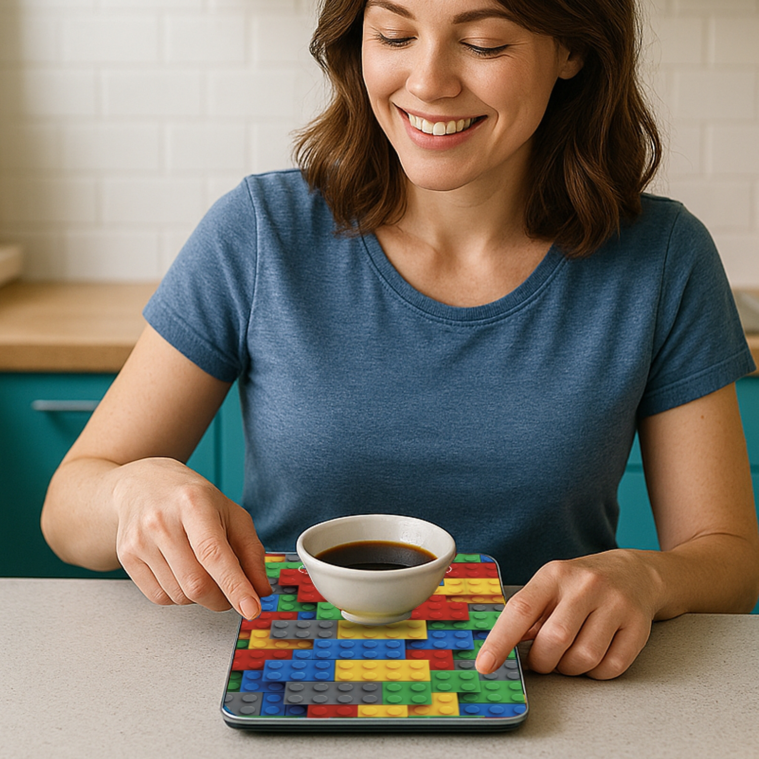Donna sorride, toccando una bilancia con un design Lego, tenendo una tazza di caffè. Sfondo cucina.