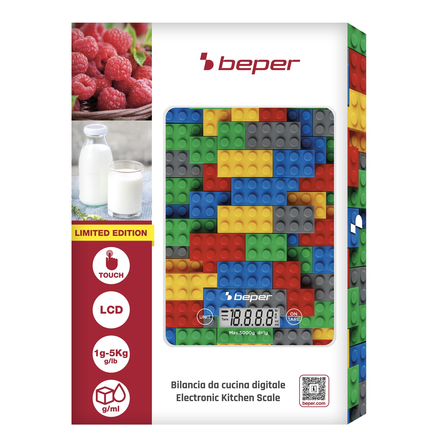 Una bilancia da cucina con design simile ai Lego. Include lamponi, latte e icone di funzioni. Marchio: beper.