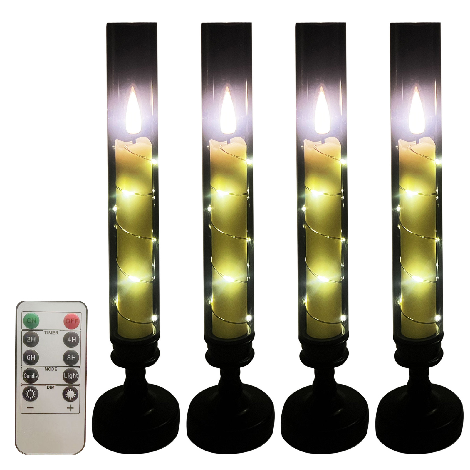 Vier LED-Kerzen mit Fernbedienung. Jede Kerze hat einen gelben Wachskörper, ein flackerndes Licht und ist mit Lichterketten umwickelt.