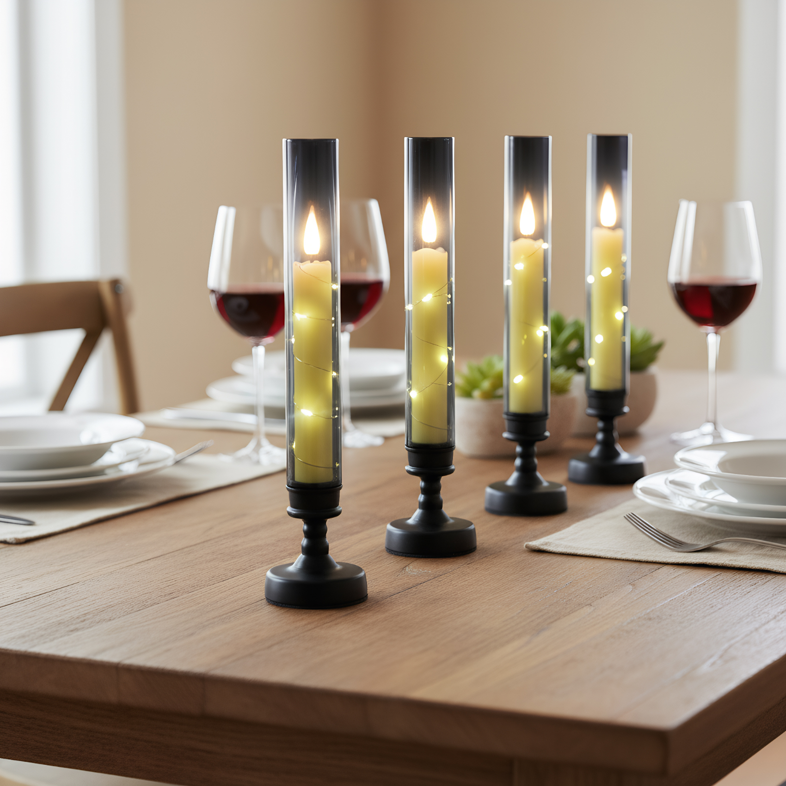 Holztisch mit vier Kerzenhaltern, Weingläsern, Tellern und einer kleinen Pflanze. Die Kerzen sind angezündet.
