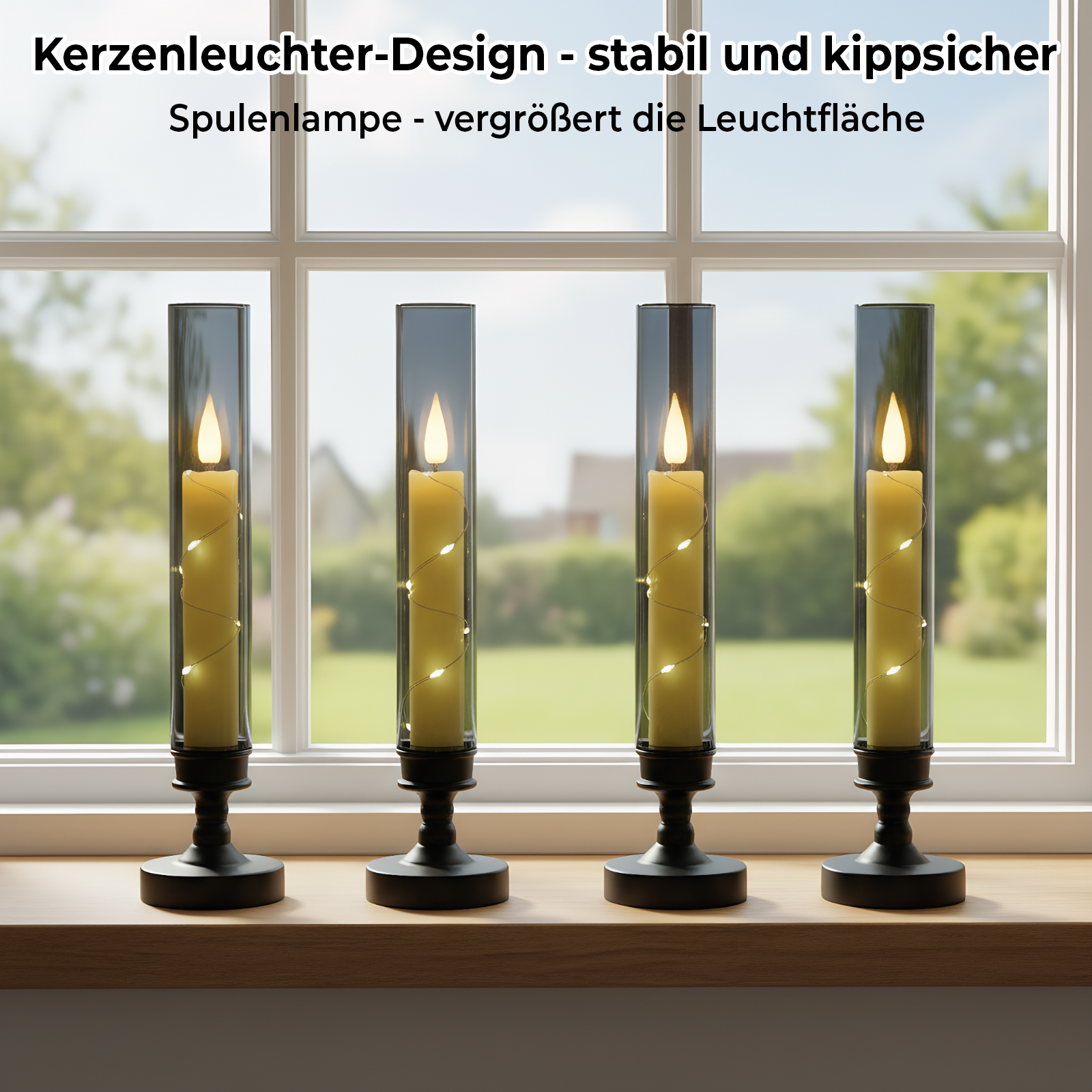 Vier Kerzenhalter auf einer Holzoberfläche vor einem Fenster. Jeder hält eine brennende Kerze mit Lichterketten.