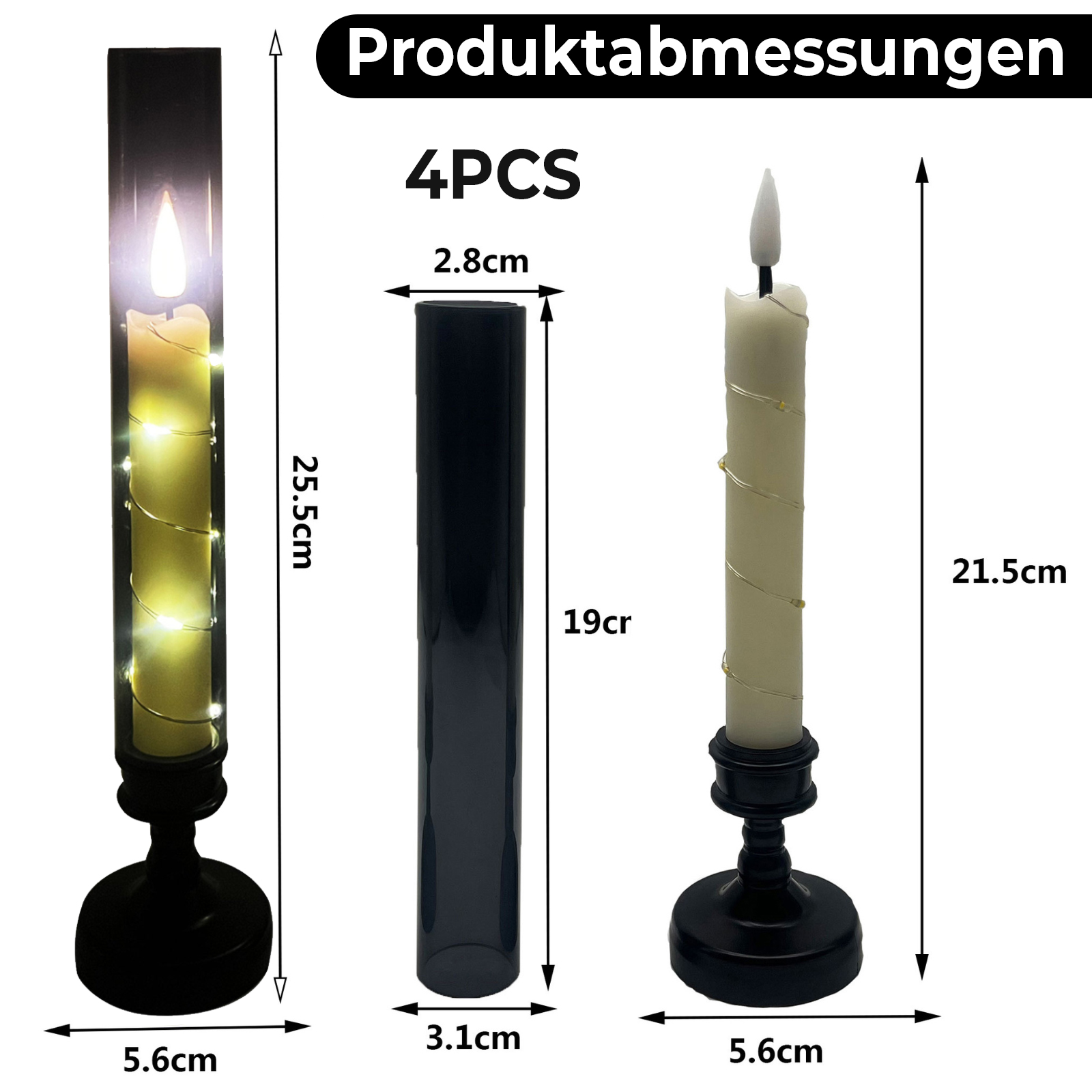 Das Bild zeigt 3 Kerzenhalter, eine Hülse und Abmessungen. Zwei Kerzen sind mit warmem Licht und Lichterketten beleuchtet.
