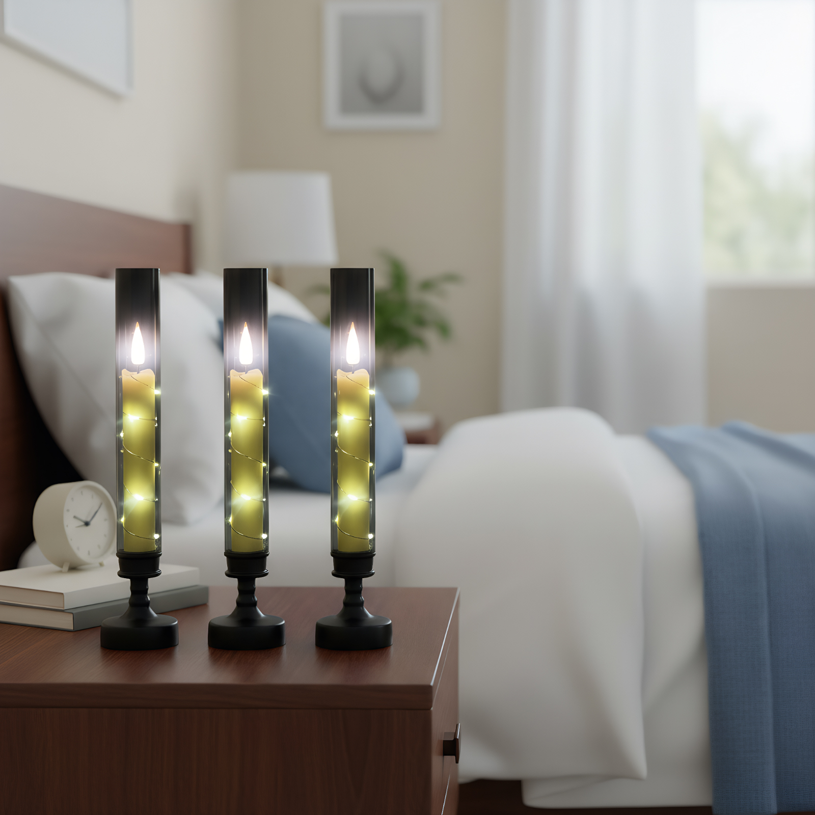 Drei brennende kerzenartige Lampen auf einem Nachttisch. Im Hintergrund ein Bett. Die Szene spielt in einem Schlafzimmer.