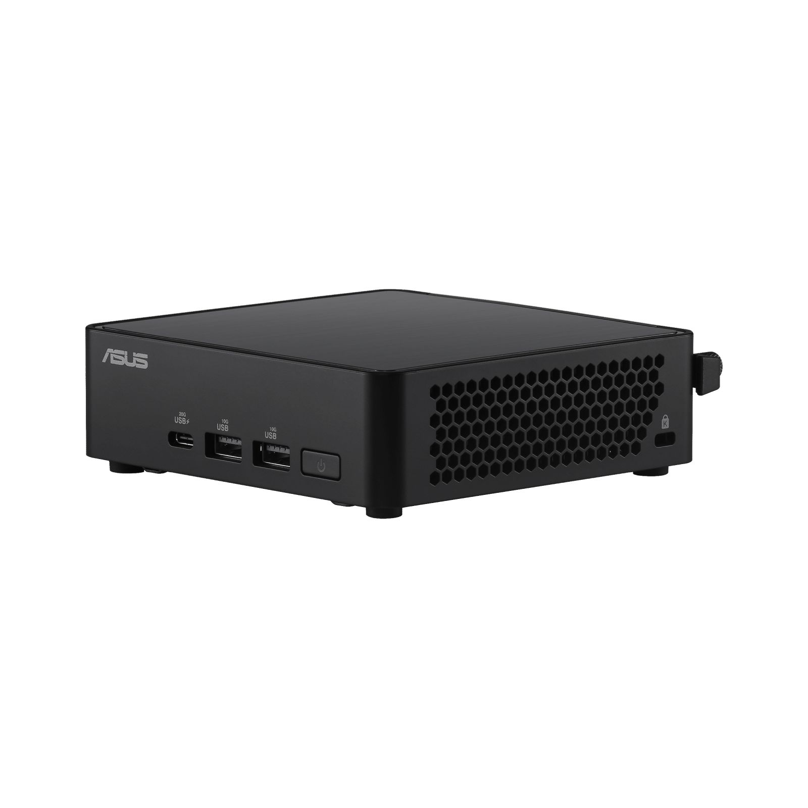 Czarny mini PC ASUS. Posiada porty USB, przycisk zasilania i kratkę wentylacyjną o strukturze plastra miodu.