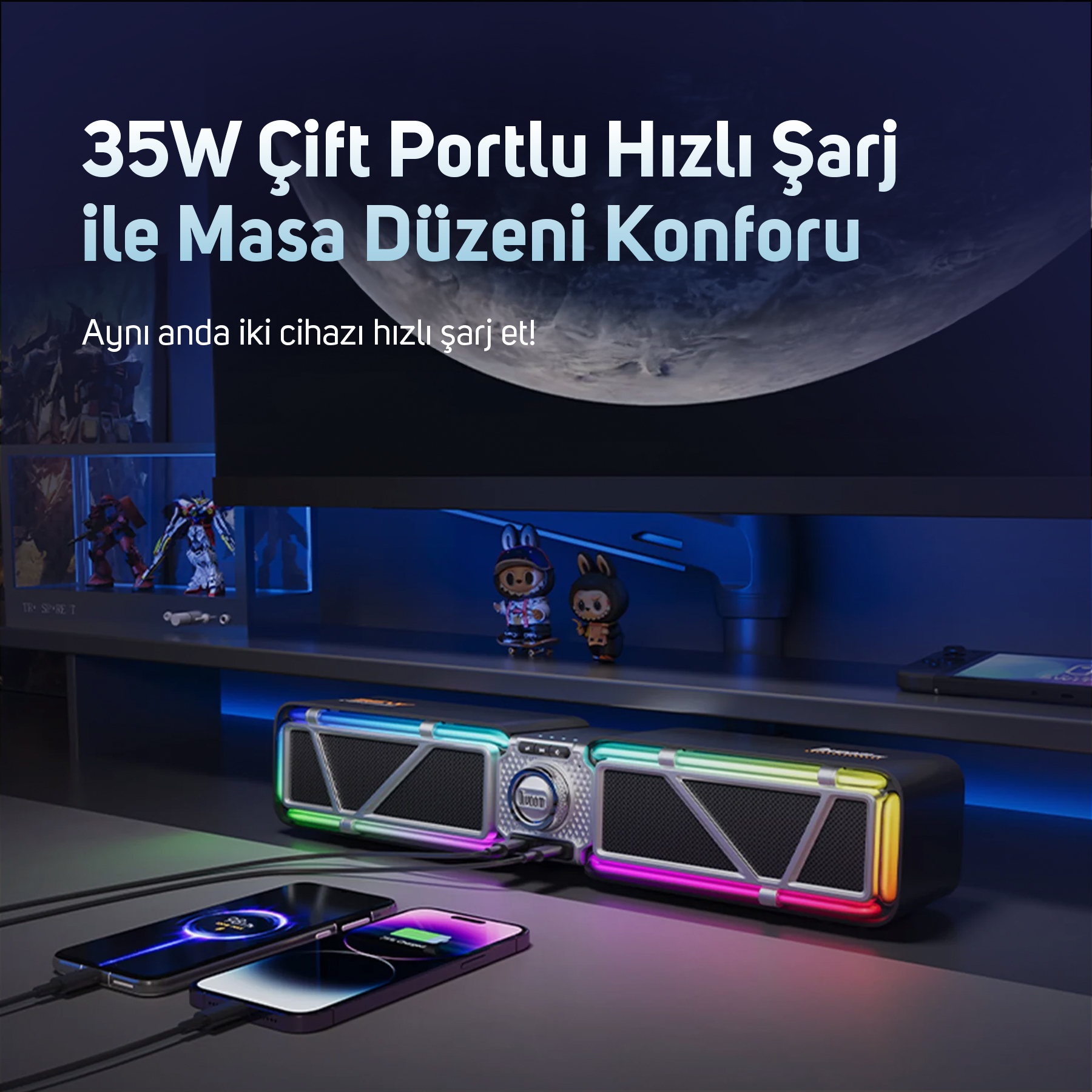 Şarj olan iki telefonlu bir şarj istasyonu. Masada RGB ışıklı hoparlörler.
