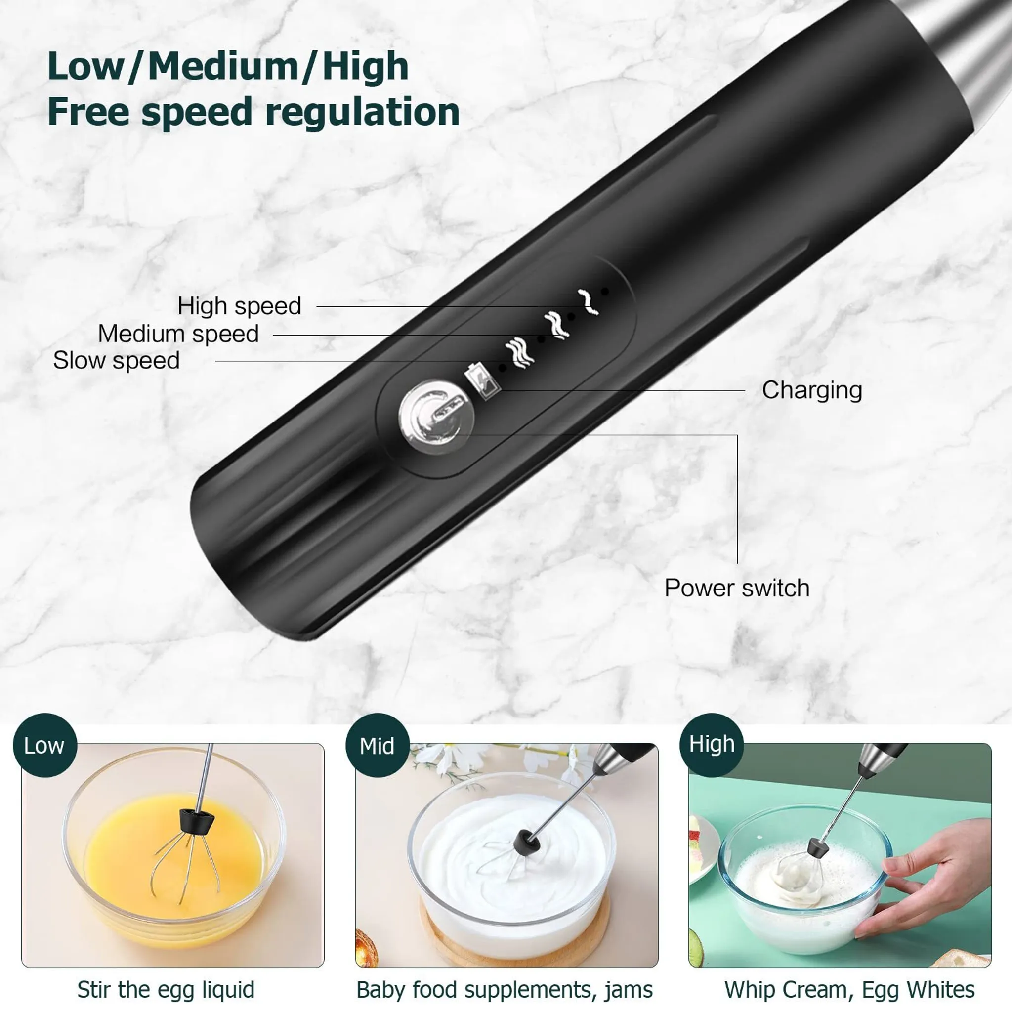Ein schwarzer Handmixer mit Geschwindigkeitseinstellungen. Illustrationen zeigen, wie er Eiflüssigkeit, Babynahrung und Sahne schlägt.