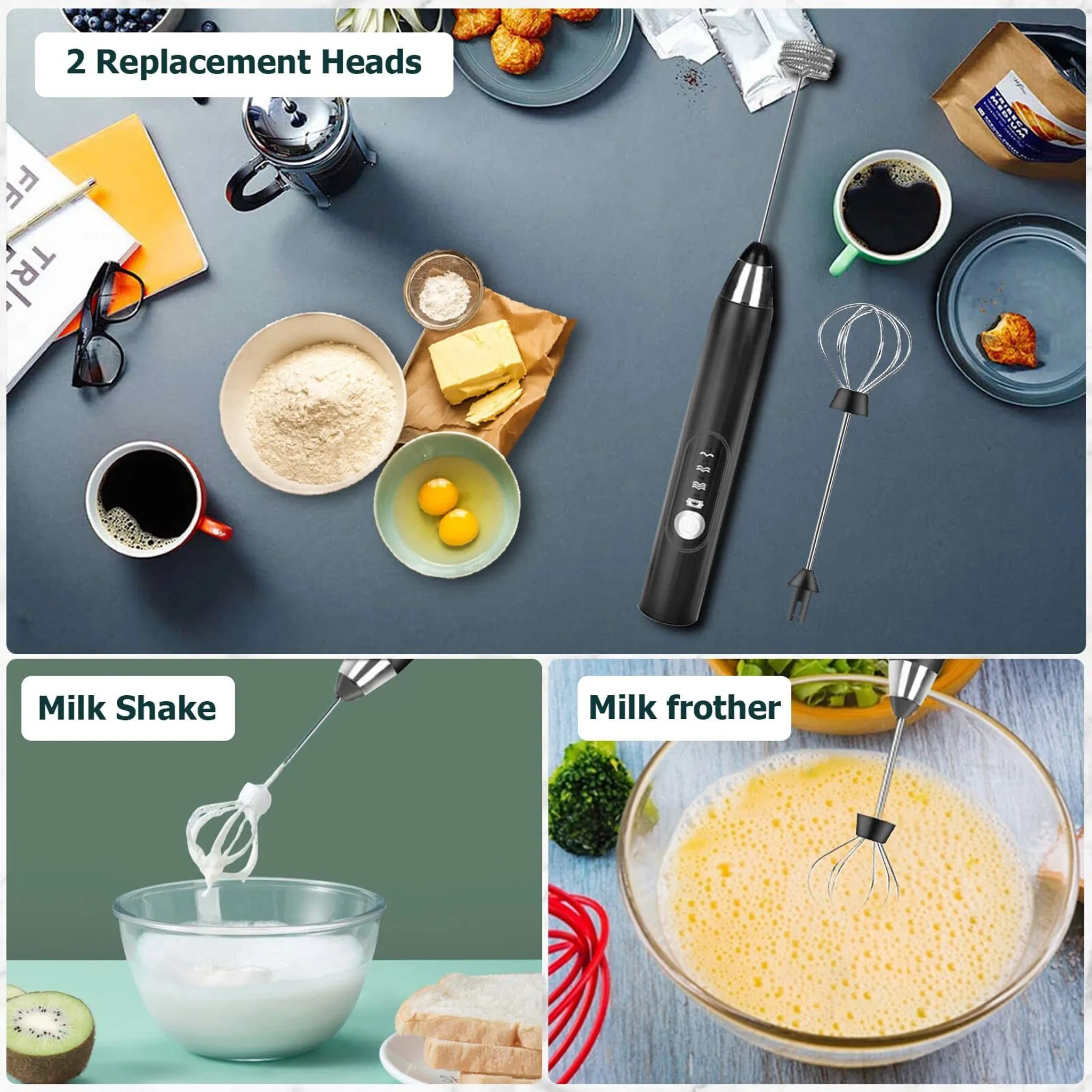 Ein Milchaufschäumer mit zwei Köpfen, Kaffee, Zutaten sowie Milchshake- und Aufschäumerbeispiele. Enthält eine Schüssel mit Eiern.