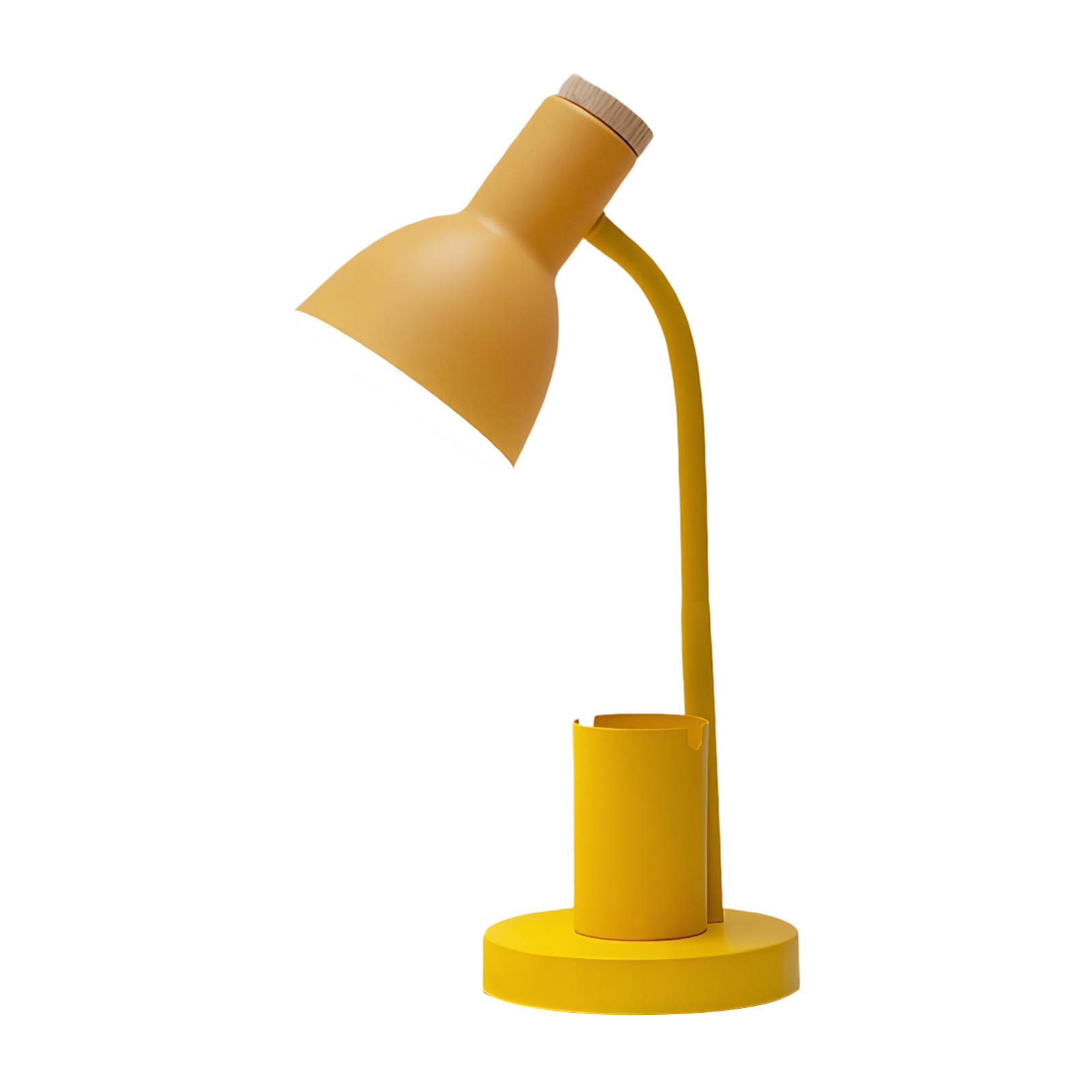 Eine gelbe Schreibtischlampe. Die Lampe hat einen zylindrischen Sockel, einen gebogenen Arm und einen Lampenschirm. Der Hintergrund ist weiß.