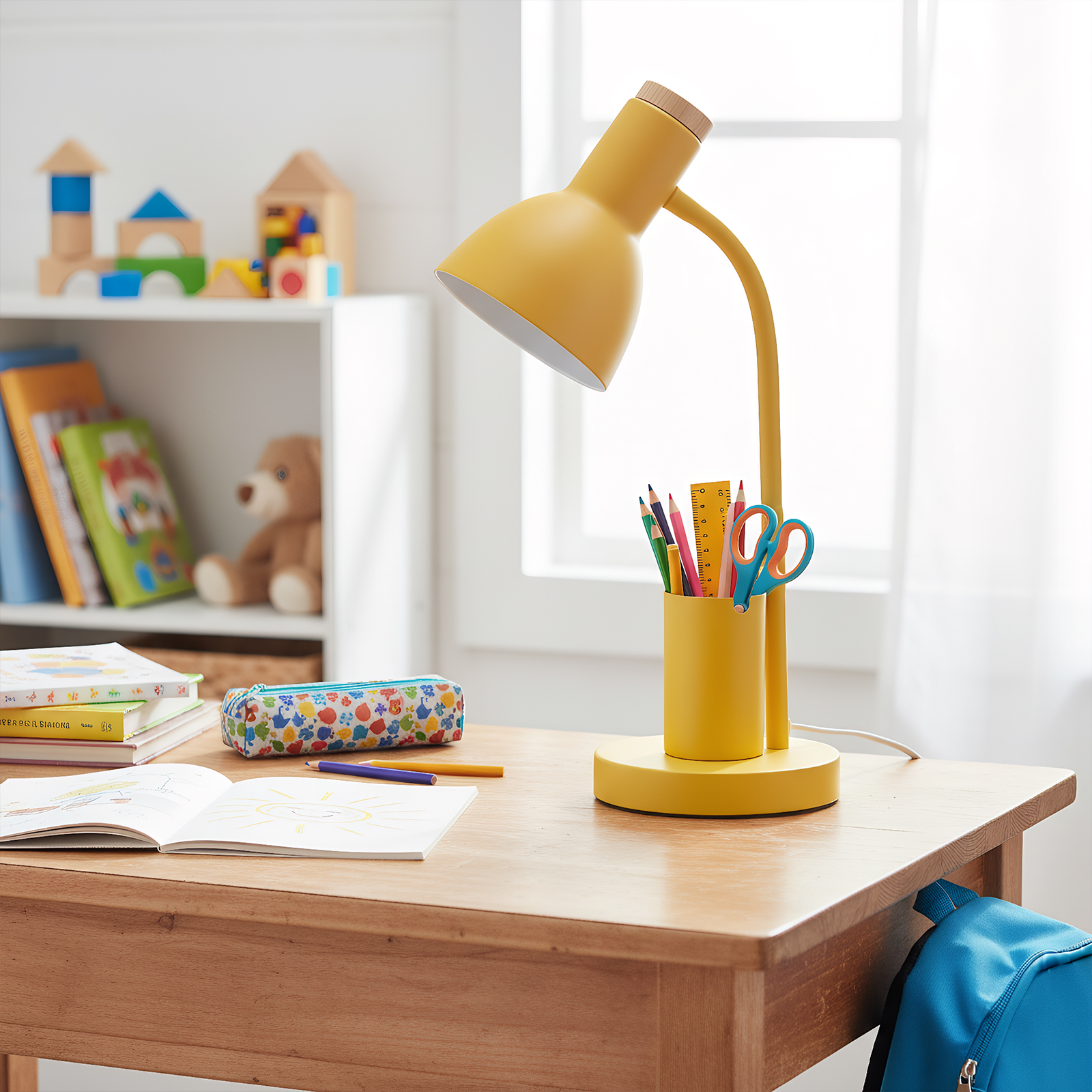 Eine gelbe Schreibtischlampe, Bleistifte, eine Schere und ein Lineal auf einem Holztisch. Ein blauer Rucksack liegt daneben.