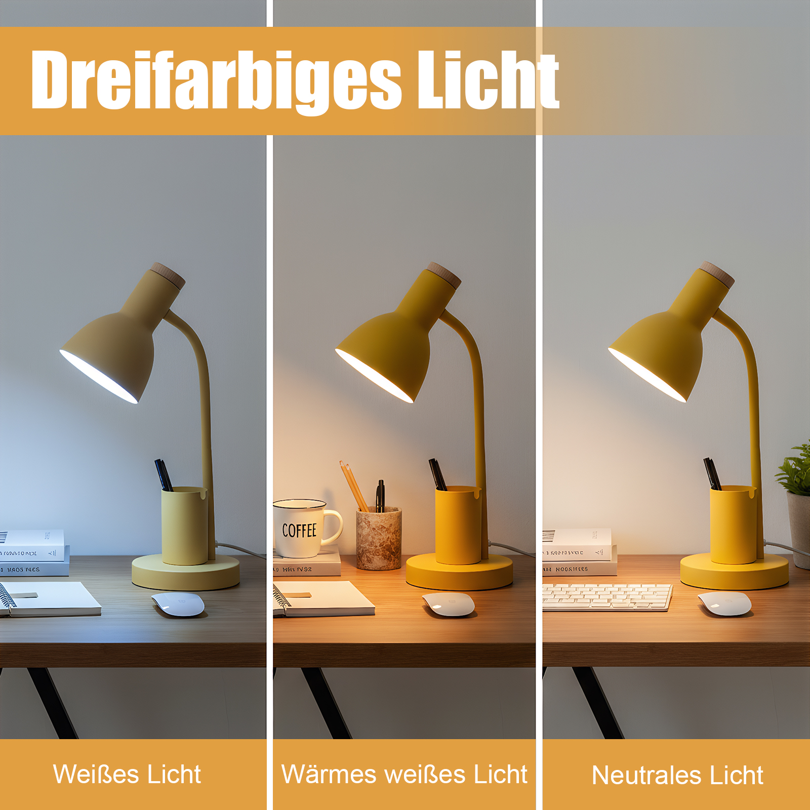 Eine gelbe Schreibtischlampe mit drei verschiedenen Lichteinstellungen, Büromaterial auf einem Holztisch.