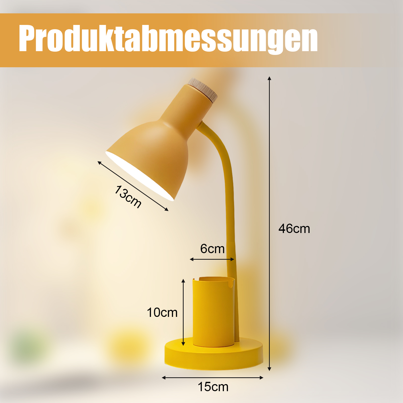 Gelbe Schreibtischlampe mit Maßen: 13 cm Kopf, 46 cm Höhe, 15 cm Basis. Inklusive 10 cm Stifthalter.