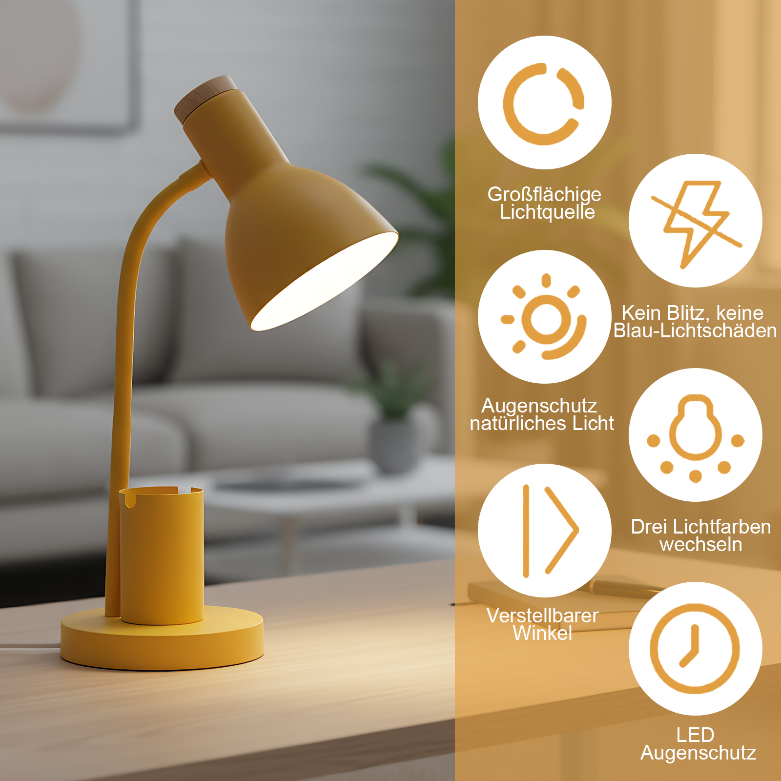 Gelbe Schreibtischlampe mit Holzaufsatz. Die Lampe steht auf einem Holztisch. Der Hintergrund ist ein verschwommenes Wohnzimmer.