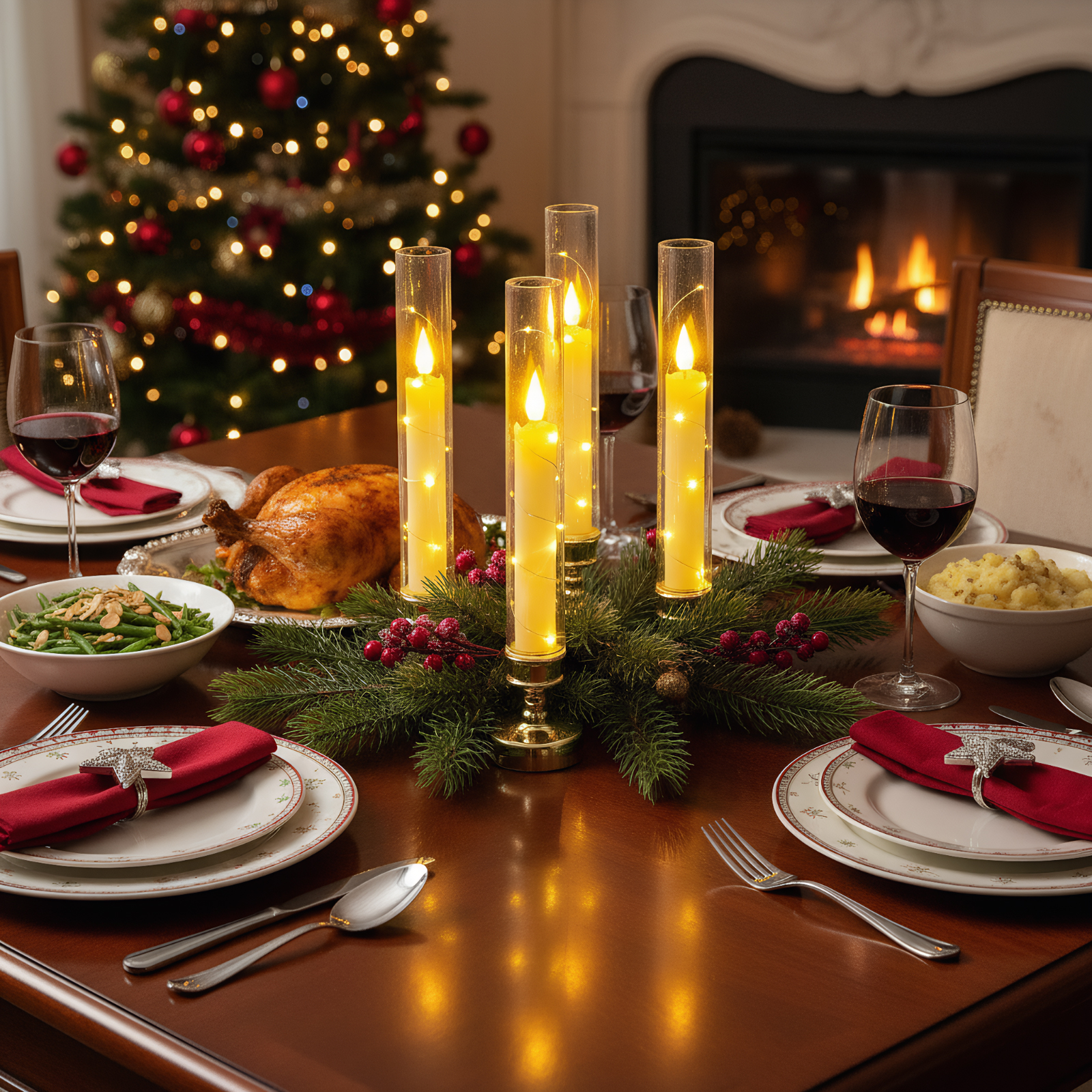 Festlich gedeckter Esstisch mit Kerzen, Essen und Wein. Ein Weihnachtsbaum und Kamin sind im Hintergrund.