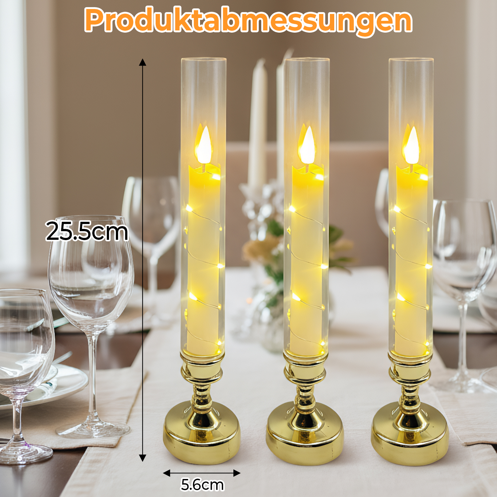 Drei Kerzenlichter in Glasröhren auf einem Tisch. Goldene Basis, gelbe Lichter und Messbeschriftungen sind sichtbar.