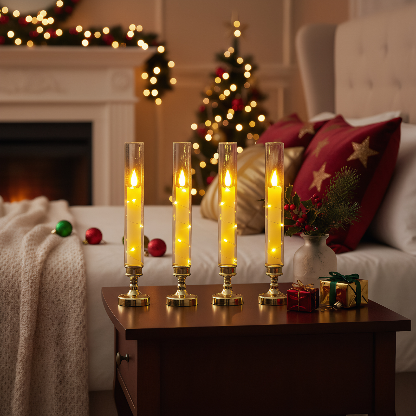 Vier brennende Kerzen in Glasröhren auf einem Tisch. Weihnachtsbaum und Dekorationen im Hintergrund.