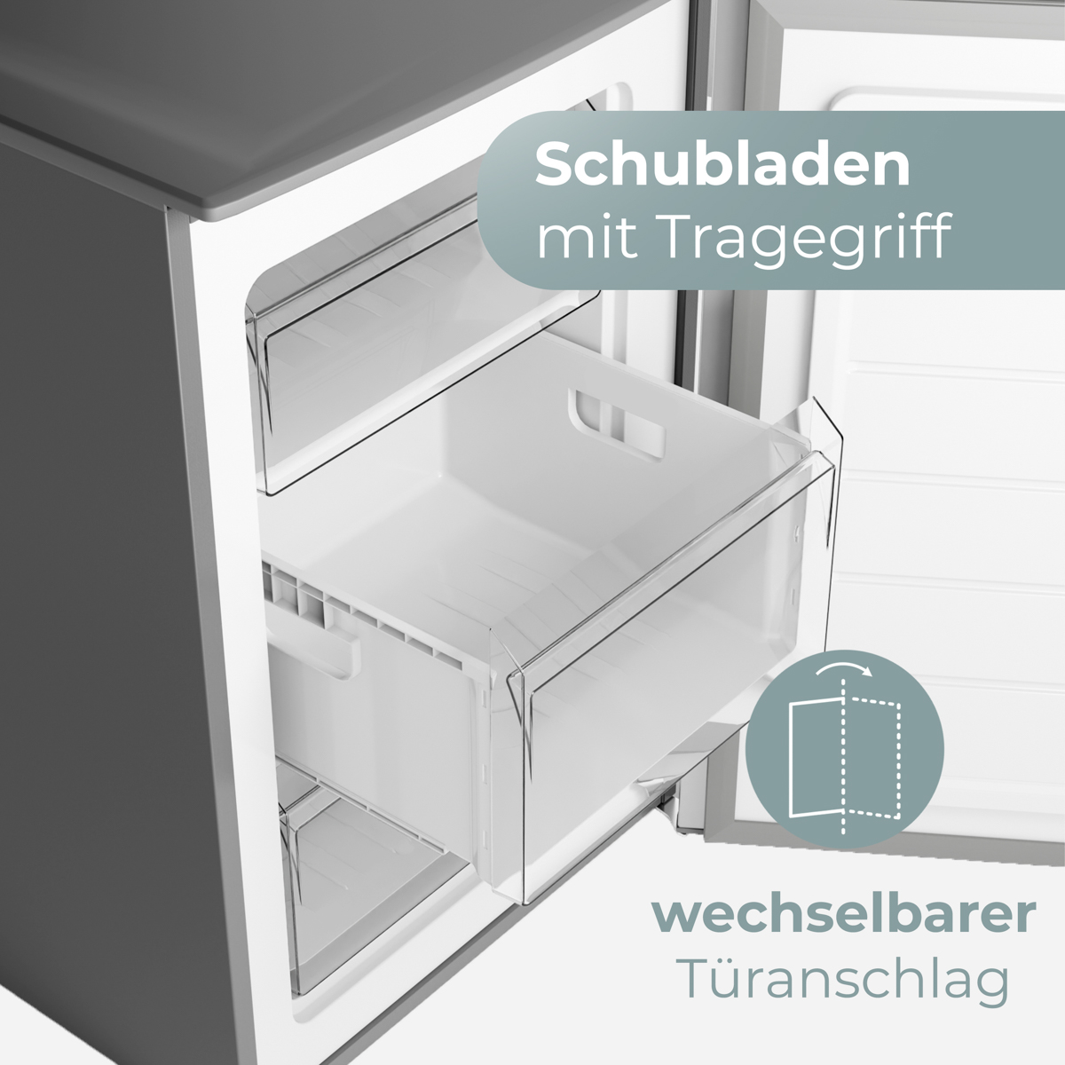 Offene Kühlschranktür mit weißen Schubladen und Griffen. Der Text lautet 'Schubladen mit Griff' und 'wechselbarer Türanschlag'.