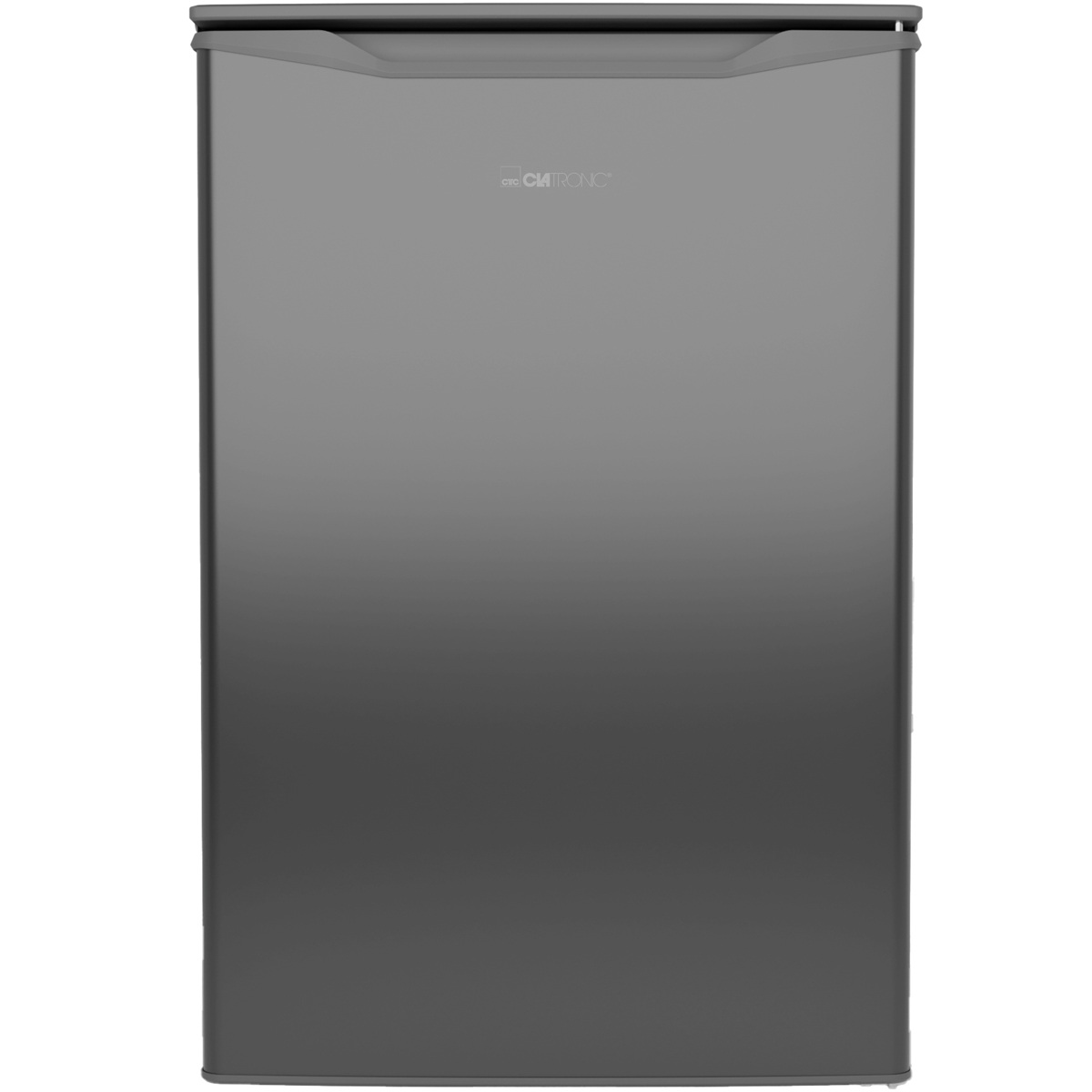 Ein grauer Mini-Kühlschrank mit Griff oben. Der Markenname 'Clatronic' ist oben rechts sichtbar.