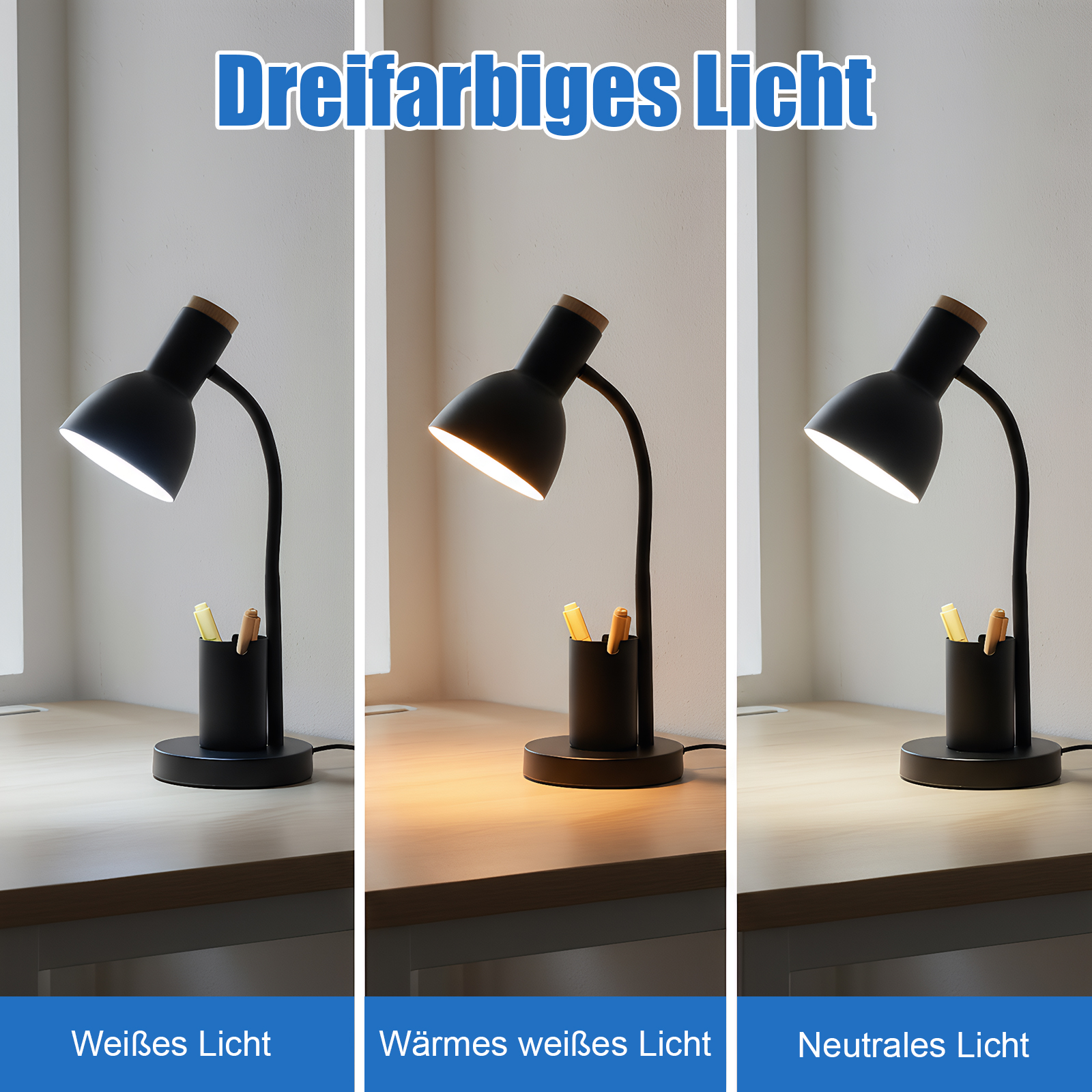 Drei Lampen, jede mit einer anderen Lichtfarbe. Schwarze Lampen auf einem Holztisch mit einem Stifthalter. Der Hintergrund ist eine weiße Wand.