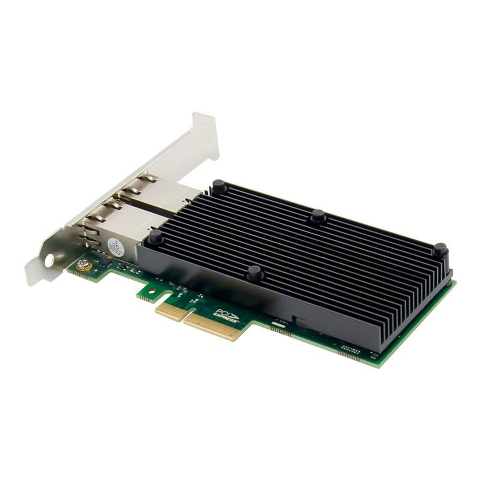 Una scheda di rete per computer con un circuito stampato verde, una staffa argentata e un dissipatore di calore nero, su sfondo bianco.