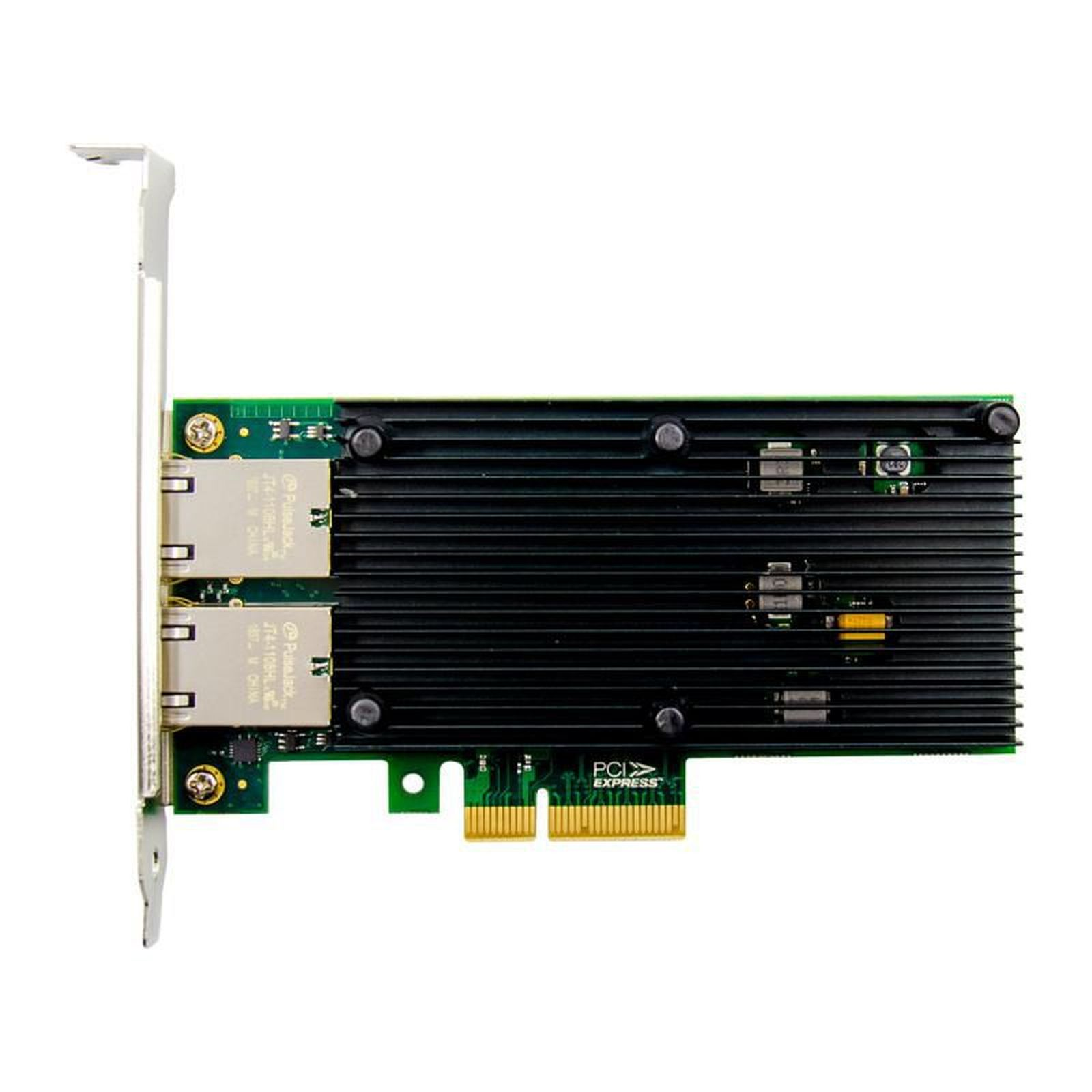 Una scheda di rete per computer con due porte e un dissipatore di calore nero su sfondo bianco.