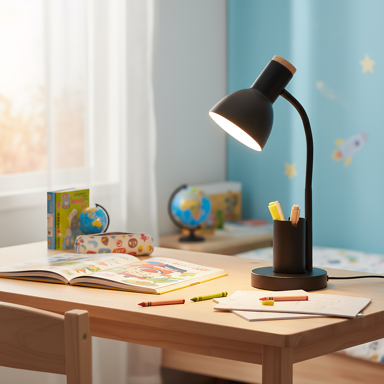 Ein Schreibtisch mit Lampe, offenem Buch, Buntstiften und Stifthalter. Fenster und blaue Wand mit Zeichnungen sichtbar.