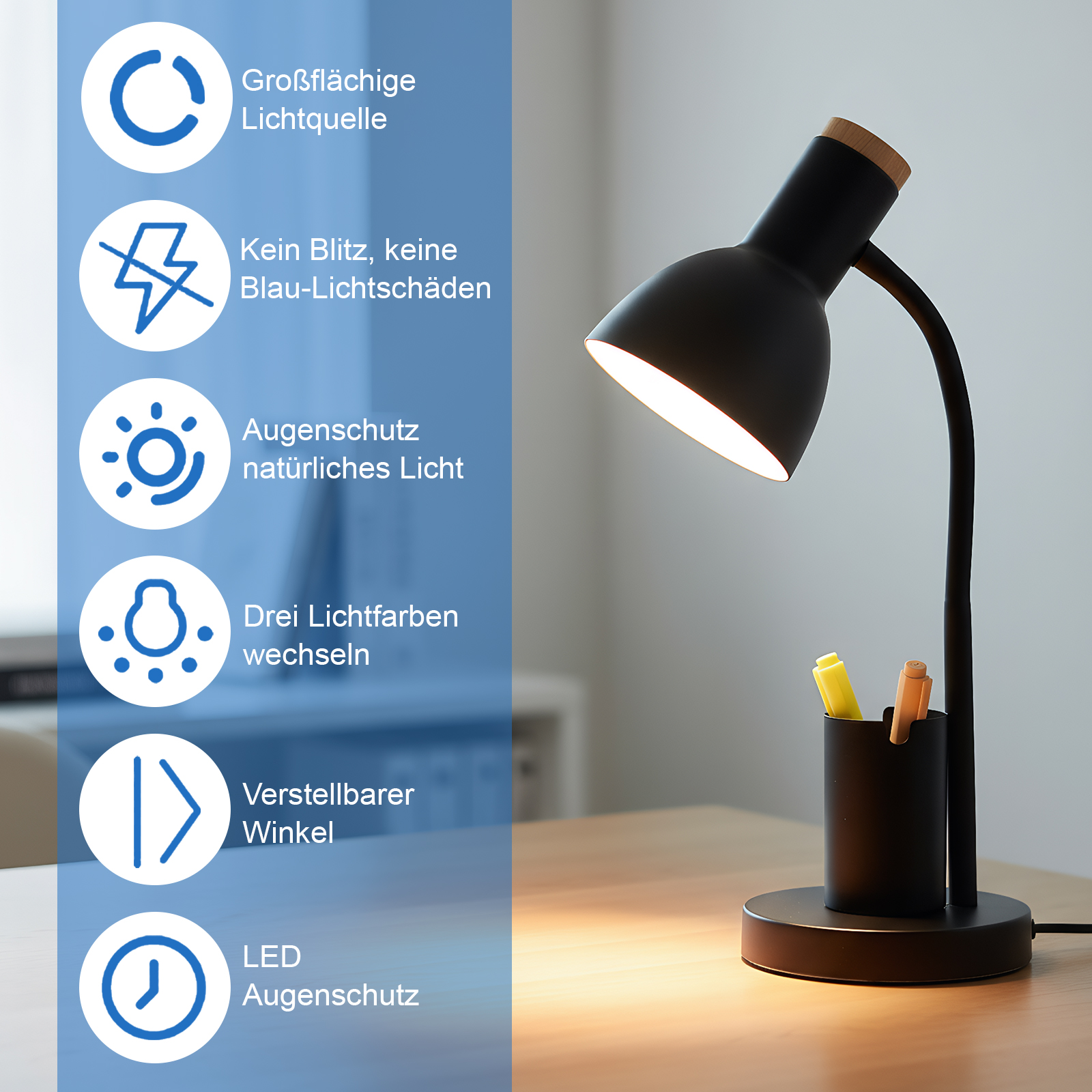 Eine schwarze Schreibtischlampe mit Holzaufsatz, ein Stifthalter mit Stiften und Icons, die die Funktionen der Lampe beschreiben.