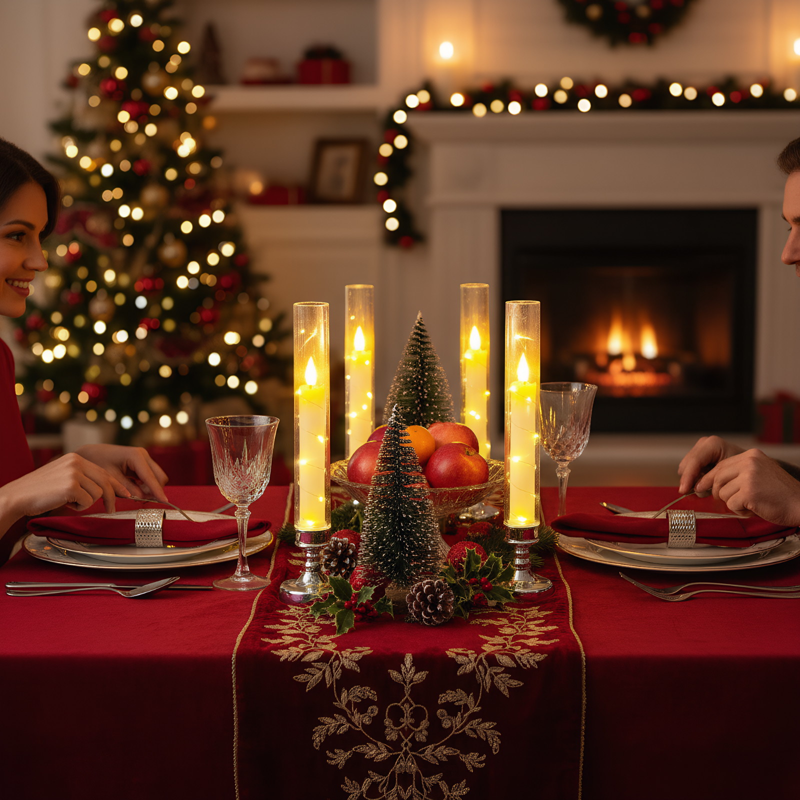 Festlich gedeckter Tisch mit Paar. Kerzen, Weihnachtsbaum, Früchte und Kamin sind sichtbar.