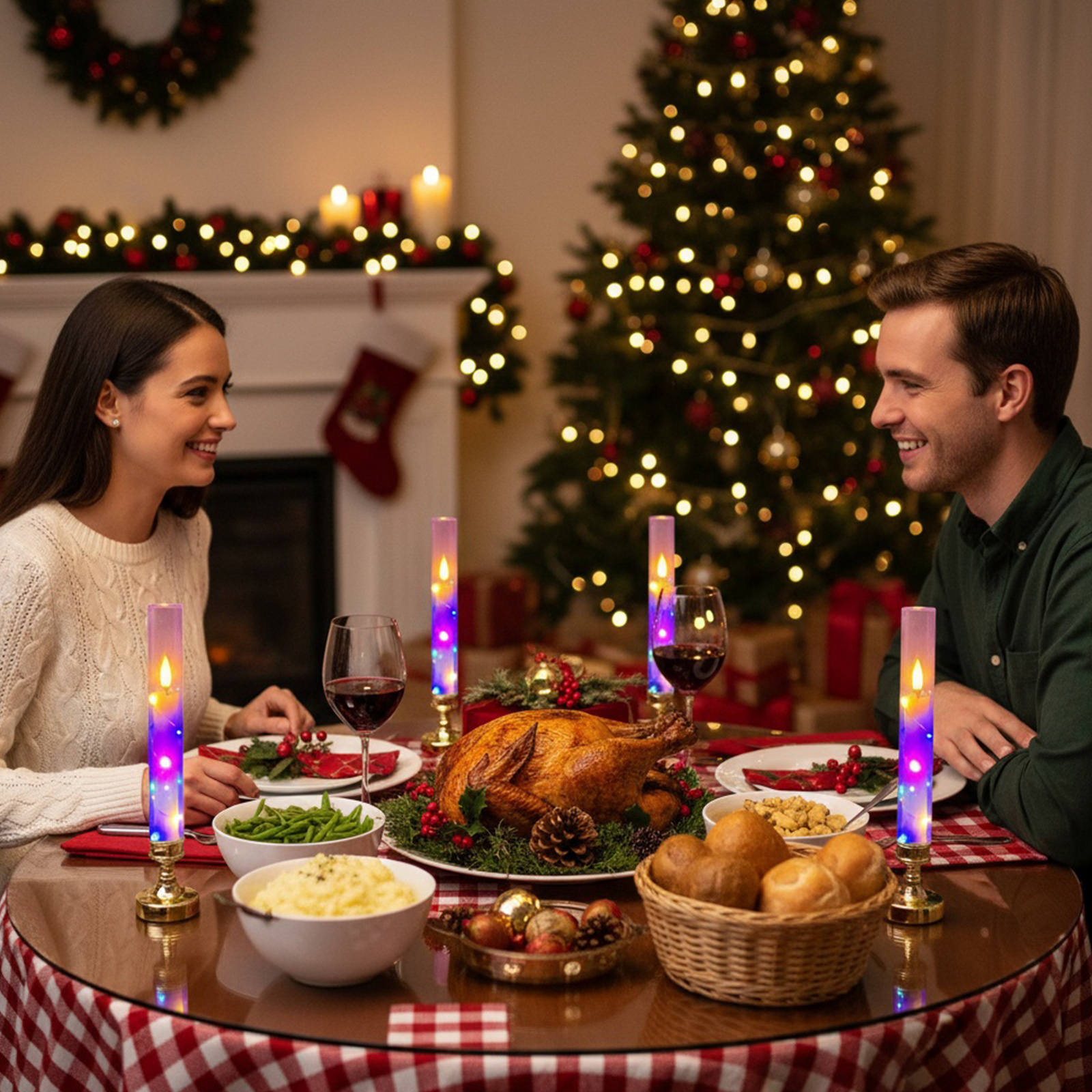 Paar beim Weihnachtsessen. Ein gebratener Truthahn steht auf dem Tisch, zusammen mit Brot, Wein und Kerzen.