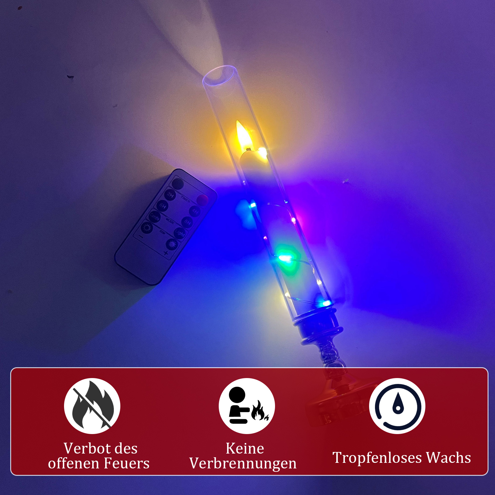 Eine brennende Kerze in einem Glasrohr mit bunten Lichtern, einer Fernbedienung und Warnsymbolen auf rotem Grund.