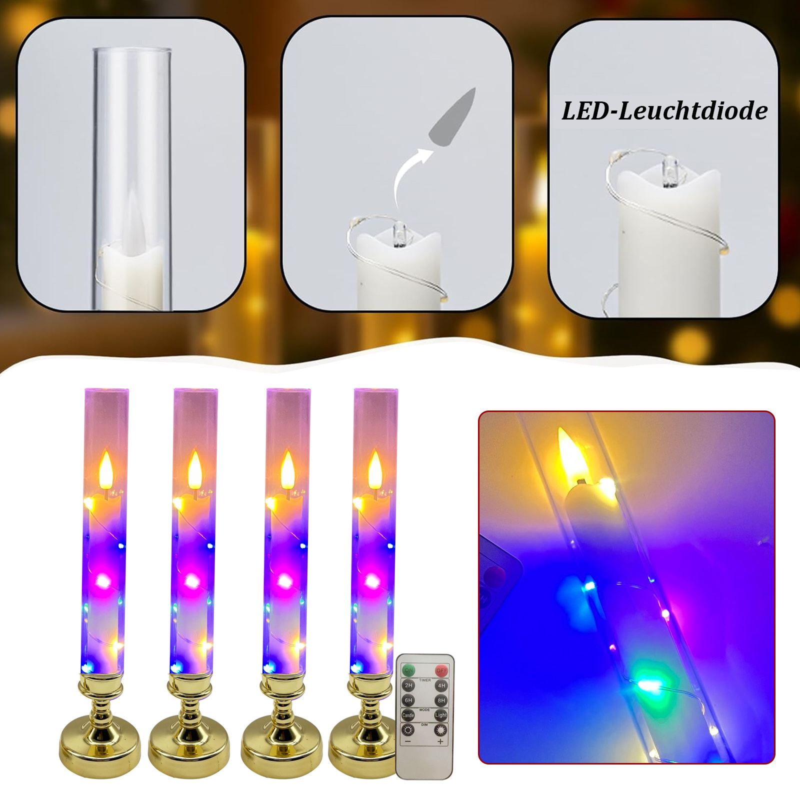 Das Bild zeigt LED-Kerzen mit Fernbedienung. Sie haben bunte Lichter im Inneren. Die Oberseite zeigt Kerzendetails.