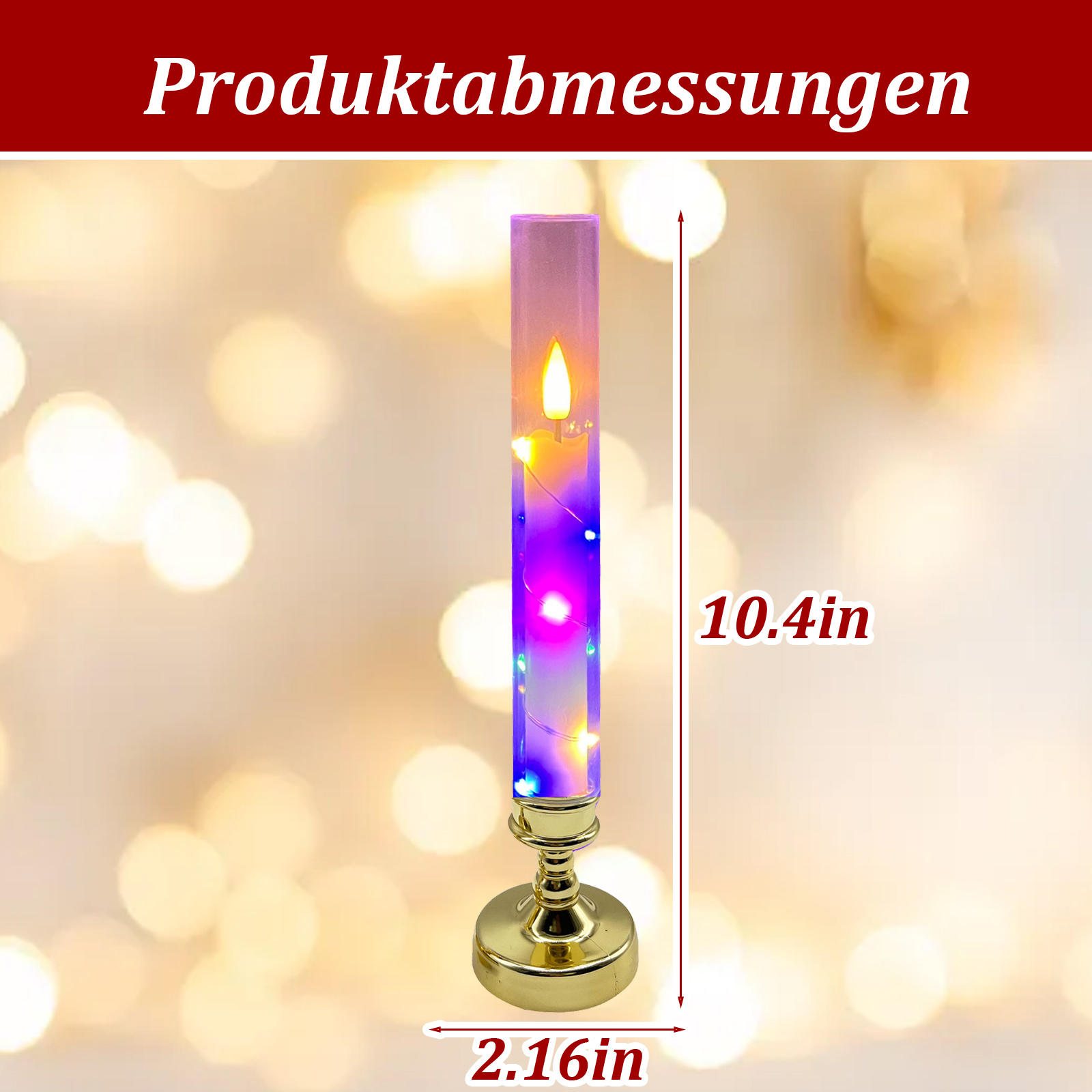 Eine dekorative Kerze mit goldenem Sockel, transparentem Körper und LED-Leuchten. Die Maße sind 10,4 Zoll hoch und 2,16 Zoll breit.