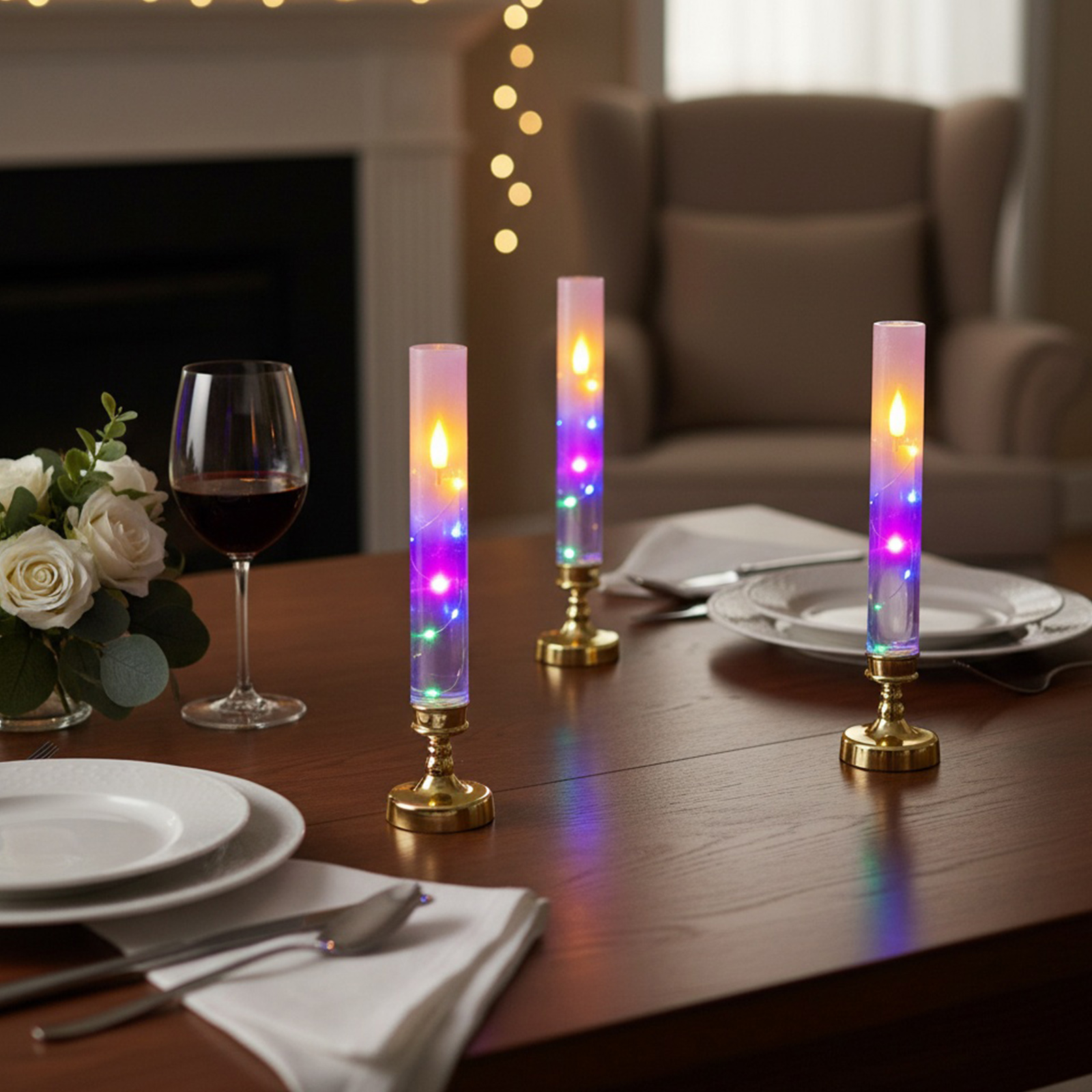 Tisch mit Kerzen, Wein, Blumen und Tellern. Kerzen haben bunte Lichter. Hintergrund: Kamin und Stuhl.