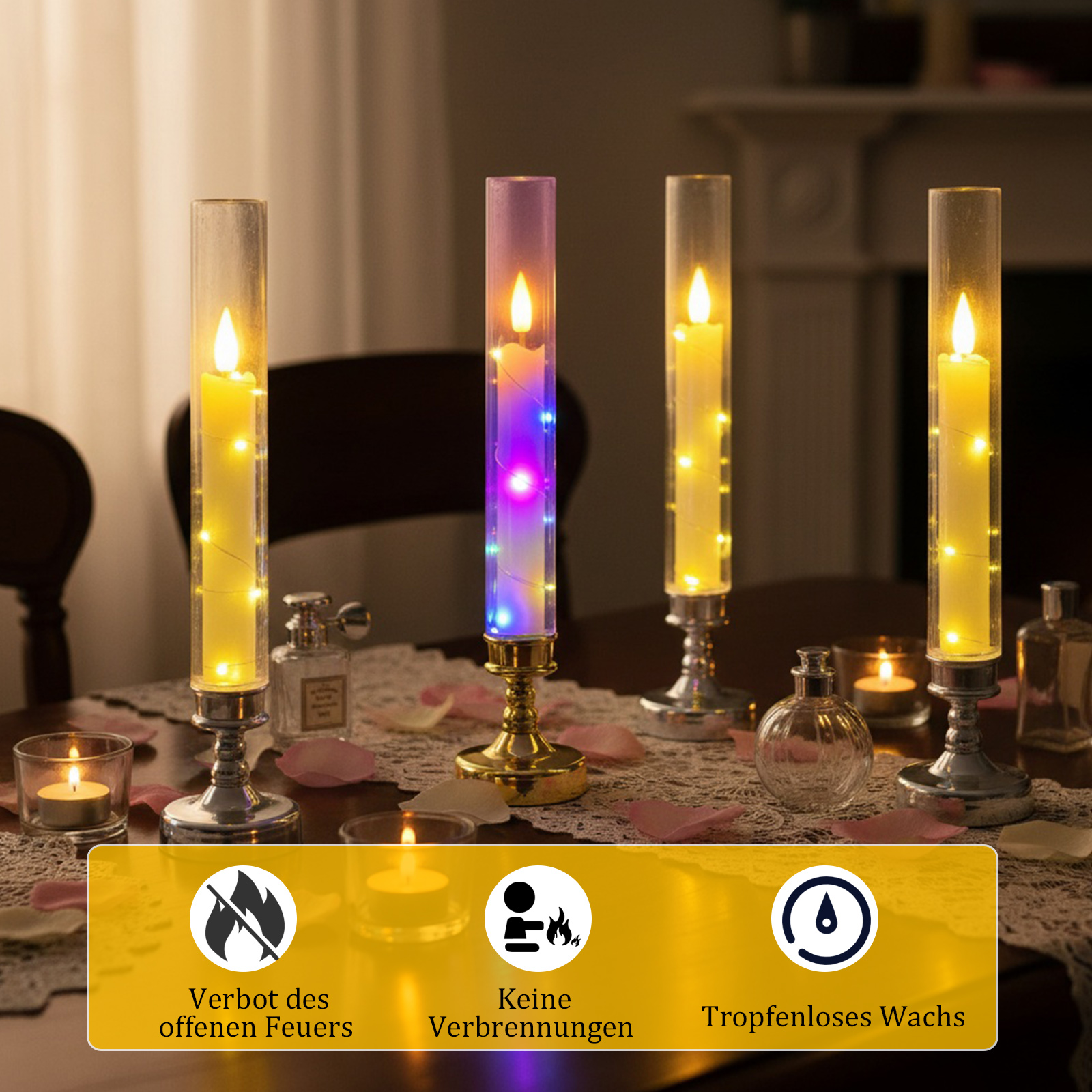 Kerzen in Glasröhren auf einem Tisch. Einige angezündet, einige mit LED-Lichtern. Dekorative Gegenstände und Rosenblätter sind verstreut.