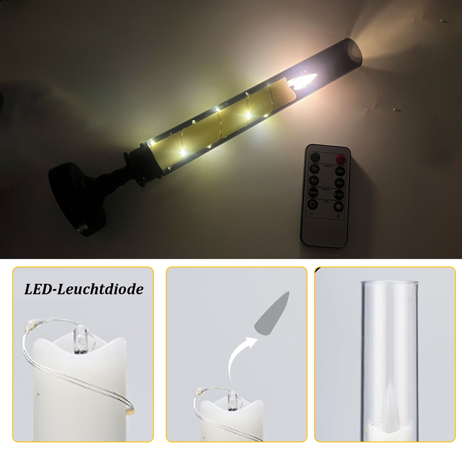 Eine LED-Kerze in einer Röhre mit Fernbedienung. Sie hat einen schwarzen Sockel und eine weiße Kerze.